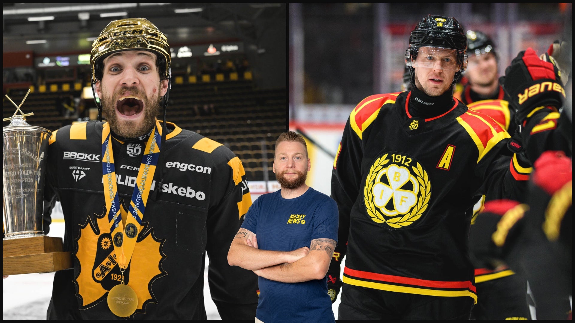 Tre personer på en ishockeyrink. En man i svart och gul tröja håller upp en stor pokal och ser överlycklig ut, en man i mörkblå tränarrack står bredvid med armarna i kors, och en man i svart och röd-gul tröja ses till höger. I bakgrunden syns en ishockeystadion.