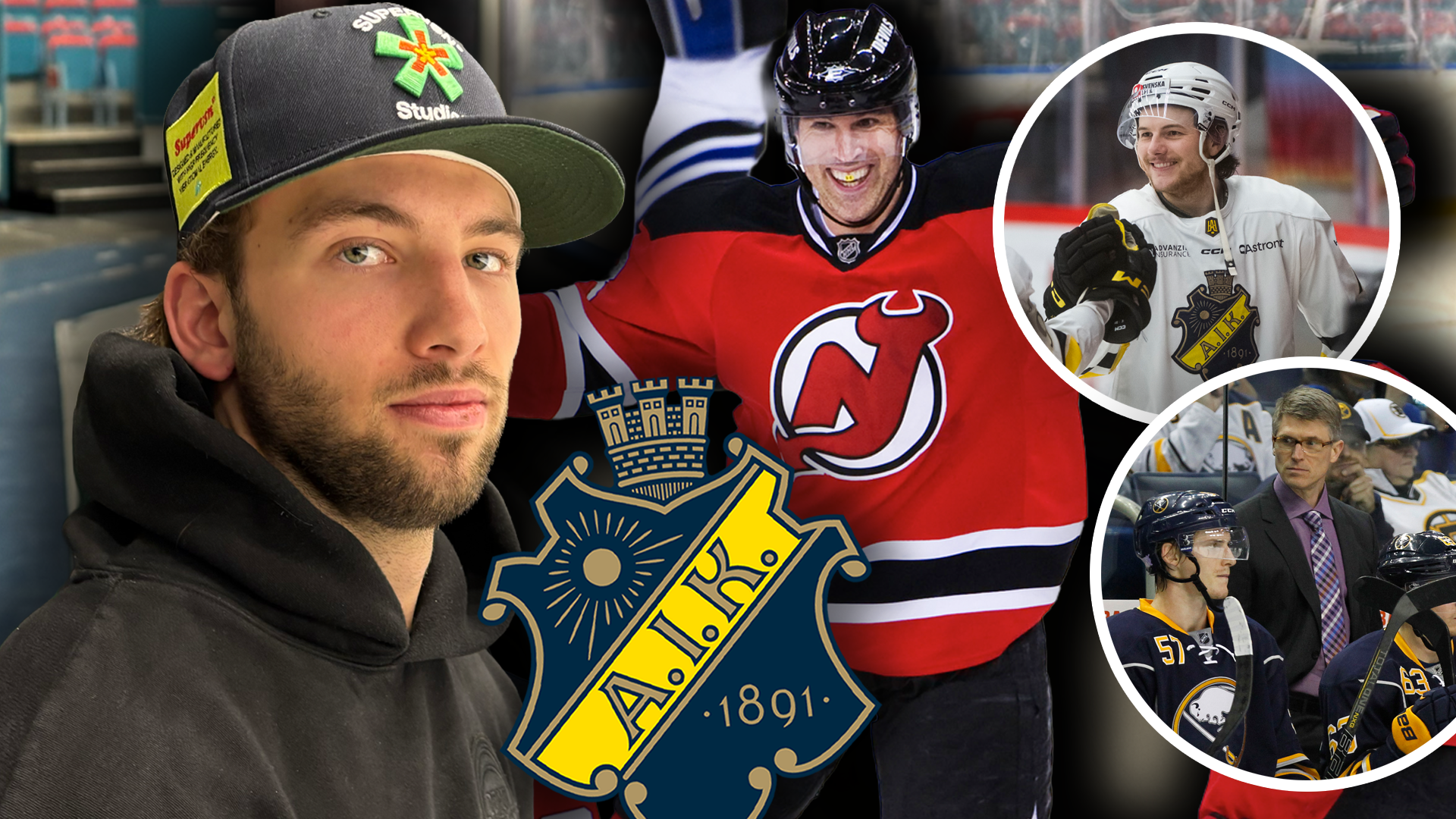 En hockeyspelare i keps och luvtröja, med bilder på honom i olika matchtröjor samt AIK:s klubbmärke i bakgrunden.