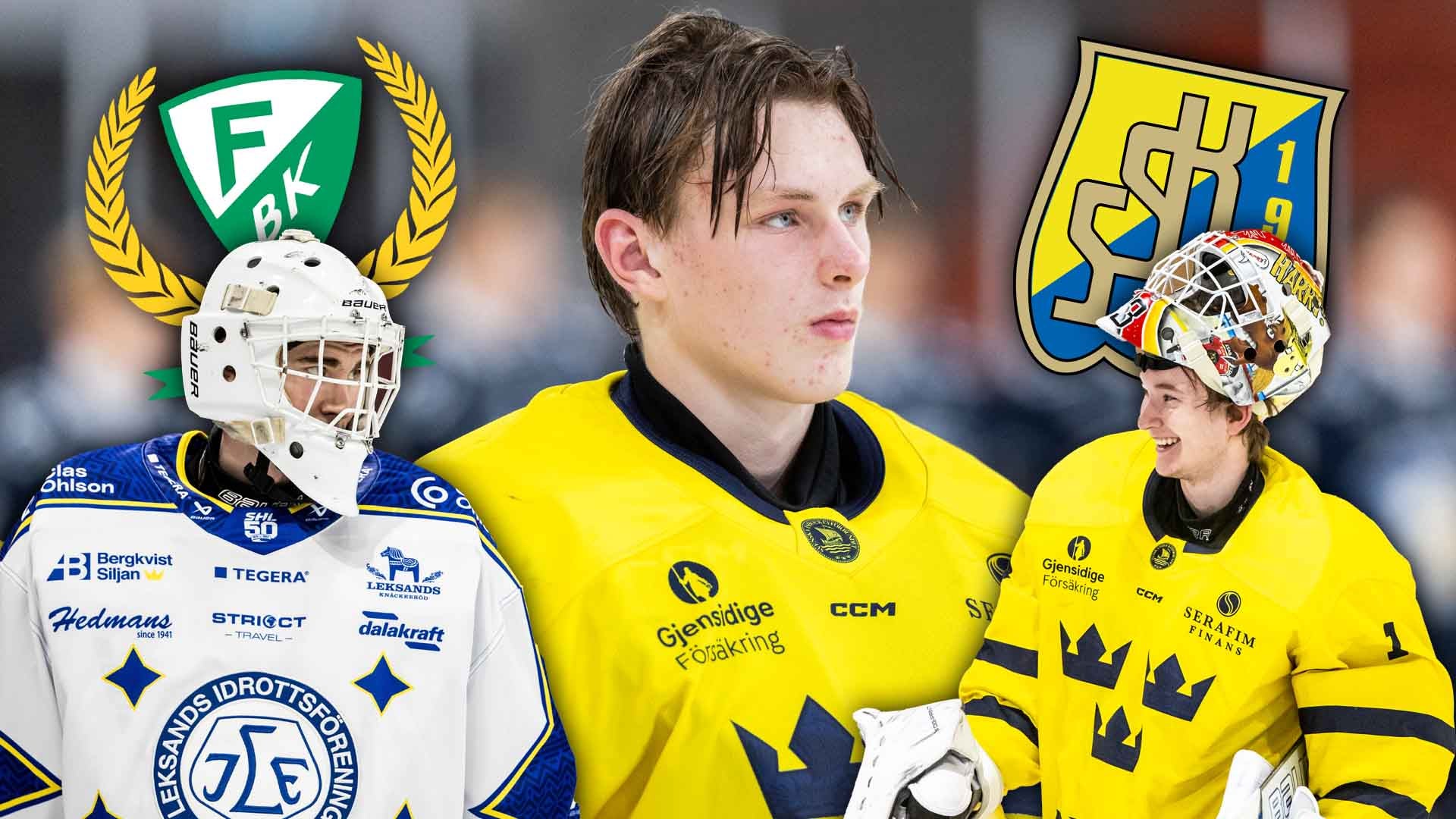 Kollage med tre ishockeygoalies i målvaktsdräkter. En målvakt i vit dräkt med blå detaljer och målvaktshjälm, en i gul dräkt med svarta stripes och svenska kronor, och en tredje i gul dräkt. Bilderna visar olika laglogotyper och emblem för svenska ishockeylaget.