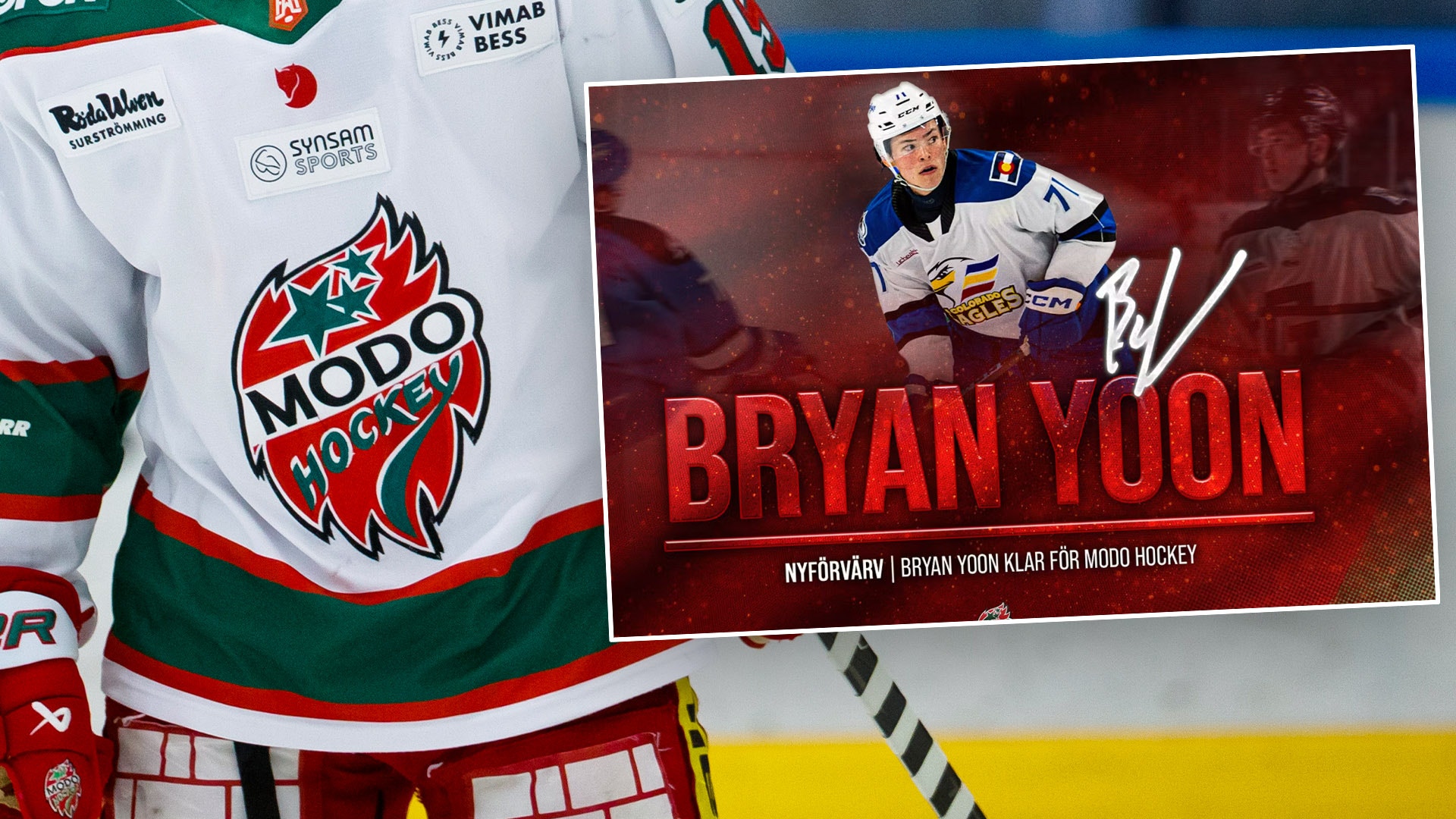 Grafisk bild med en ishockeytröja från Modo Hockey på vänster sida och ett porträtt av ishockeyspelaren Bryan Yoon på höger sida mot en röd bakgrund.