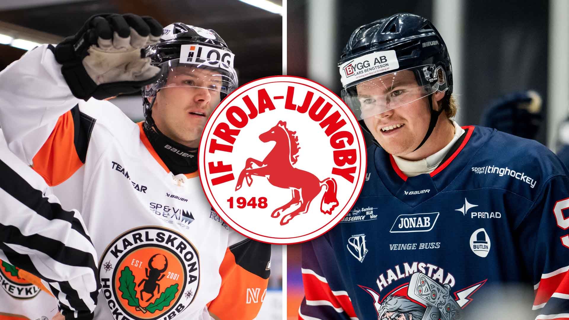 Två hockeyspelare i full utrustning med hjälmar och tröjor, med IF Troja-Ljungbys logga mellan dem.