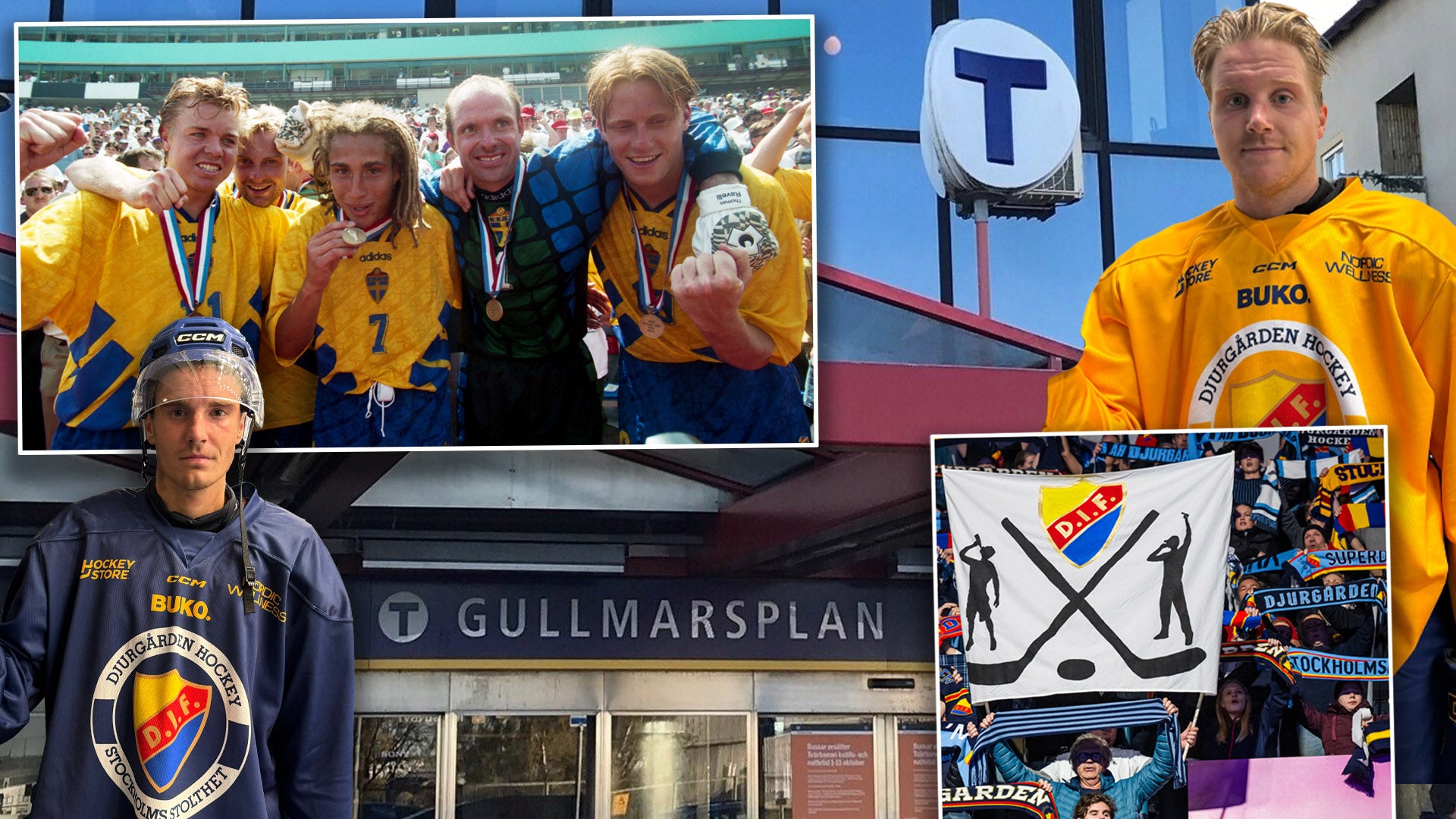Collage med bilder från Djurgårdens hockeyorganisation. Bilderna visar lagmedlemmar och supportrar i gula och blå Djurgården-uniformer, samt vyer från Gullmarsplan, Djurgårdens hemmaplan.