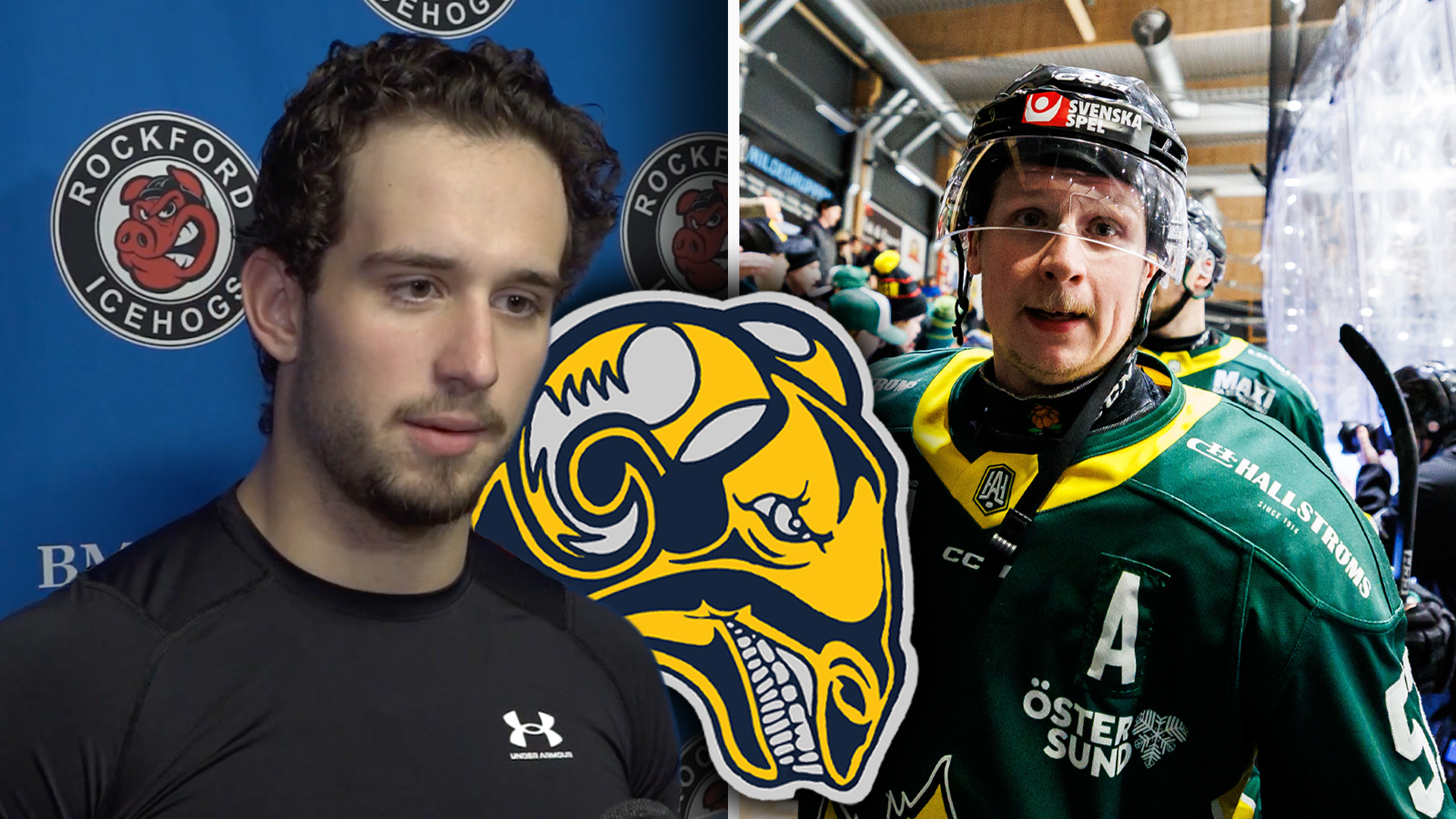 Två ishockeyspelare från Rögle BK. Till vänster en spelare framför blå bakgrund, till höger en spelare i grön och gul ishockeydräkt med hjälm. Rögle BK:s logotyp är placerad i mitten.