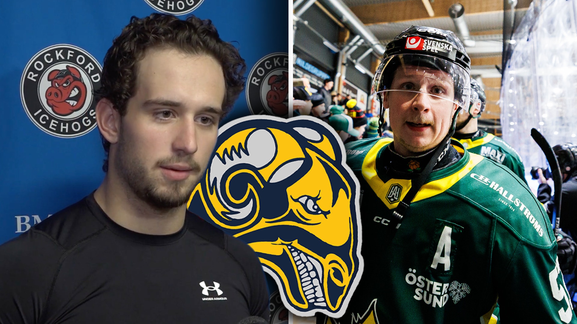 Två ishockeyspelare från Rögle BK. Till vänster en spelare framför blå bakgrund, till höger en spelare i grön och gul ishockeydräkt med hjälm. Rögle BK:s logotyp är placerad i mitten.