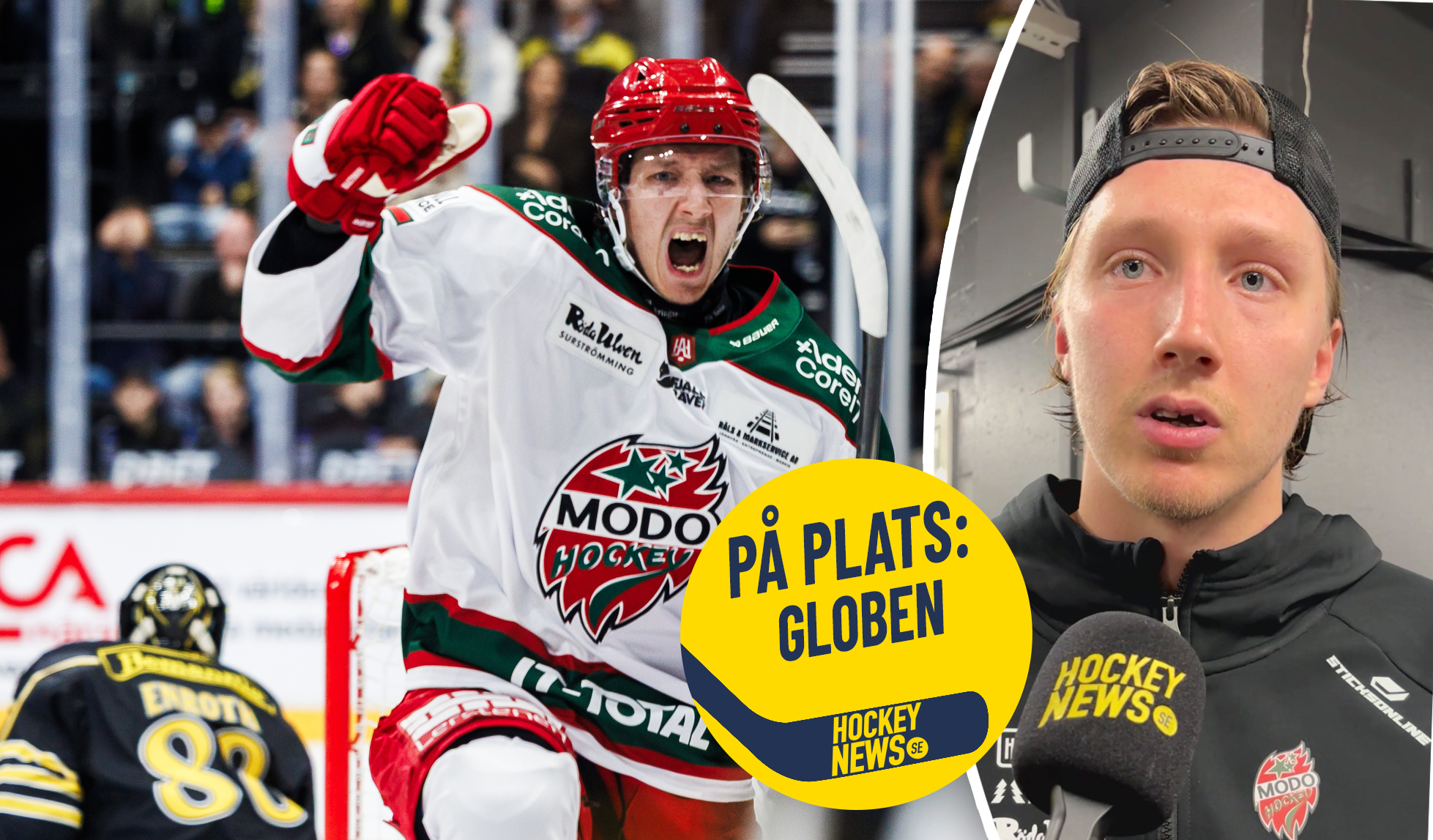 En ishockeyspelare i MODO Hockey-tröja jublar efter mål, och en intervjubild med en spelare framför en mikrofon märkt Hockey News, med texten "På plats: Globen". En ishockeyspelare i vit MODO Hockey-tröja jublar med knuten hand efter att ha gjort mål.