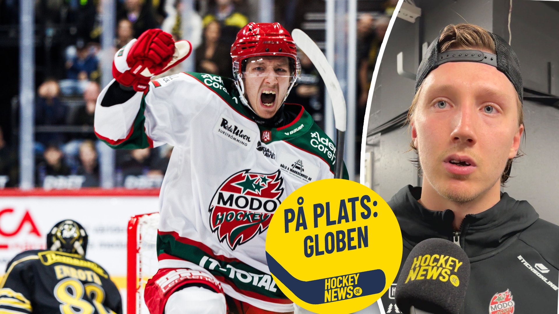 En ishockeyspelare i MODO Hockey-tröja jublar efter mål, och en intervjubild med en spelare framför en mikrofon märkt Hockey News, med texten "På plats: Globen". En ishockeyspelare i vit MODO Hockey-tröja jublar med knuten hand efter att ha gjort mål.