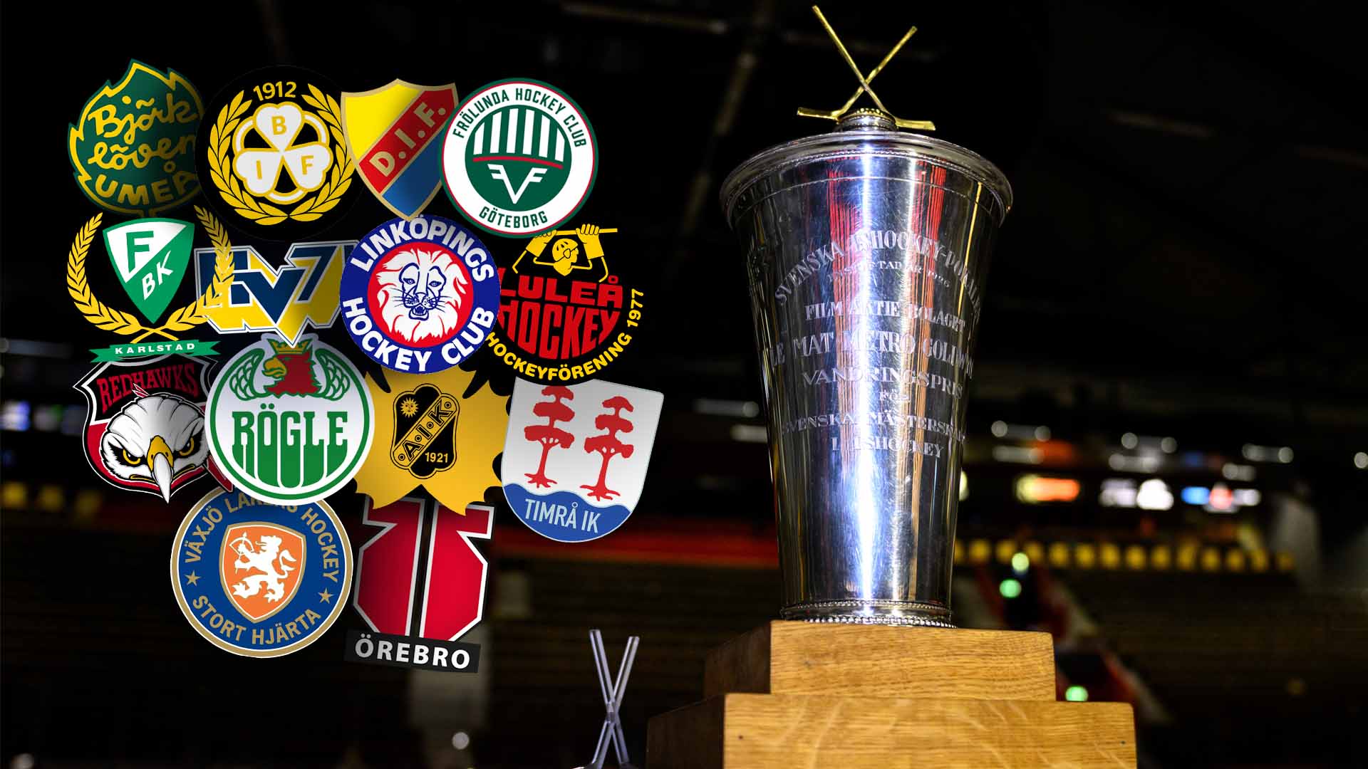 En silverpokal med SHL-lagens klubbmärken i bakgrunden och en ishall skymtandes bakom.