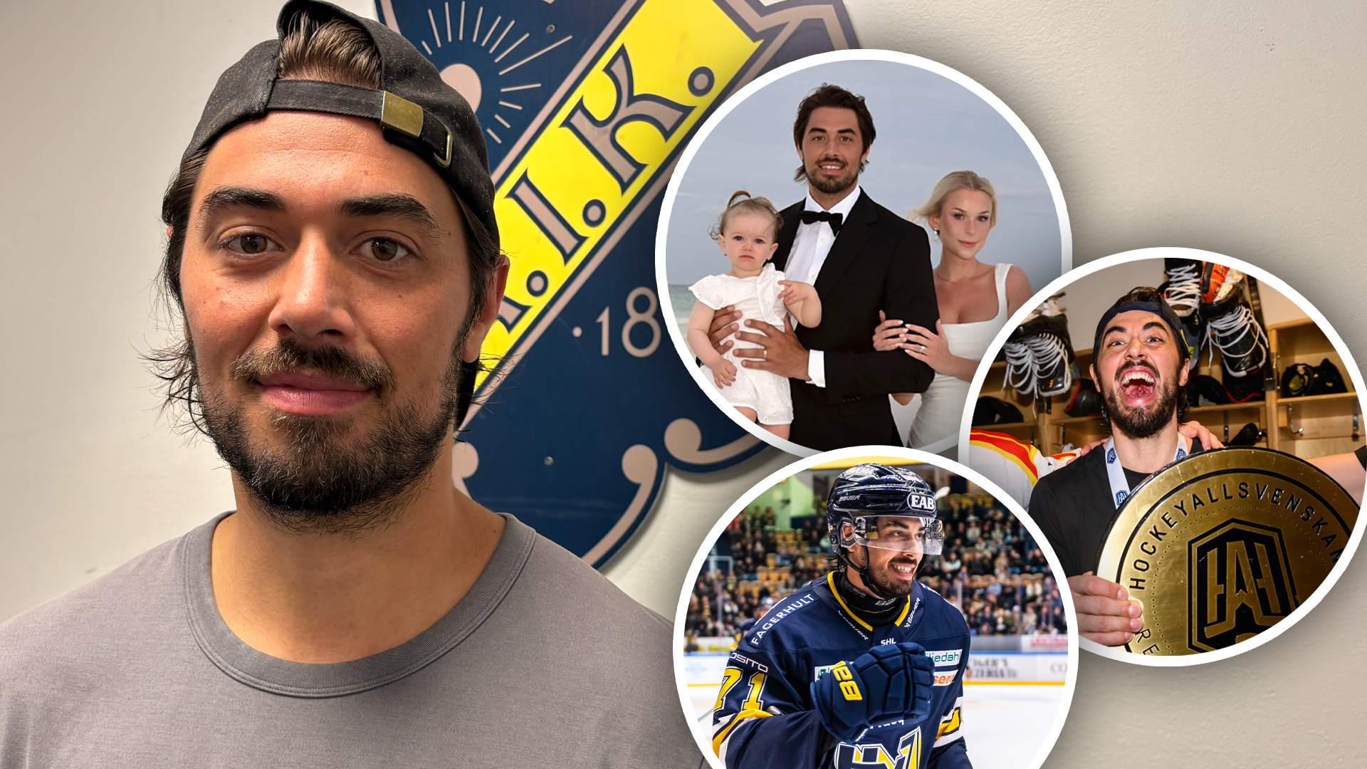 Porträtt av en man med mustasch och pannband, omgiven av tre cirkulära bilder som visar honom i olika sammanhang: med familj i formell klädsel, i hockeyuniform på isen, och i festlig miljö.