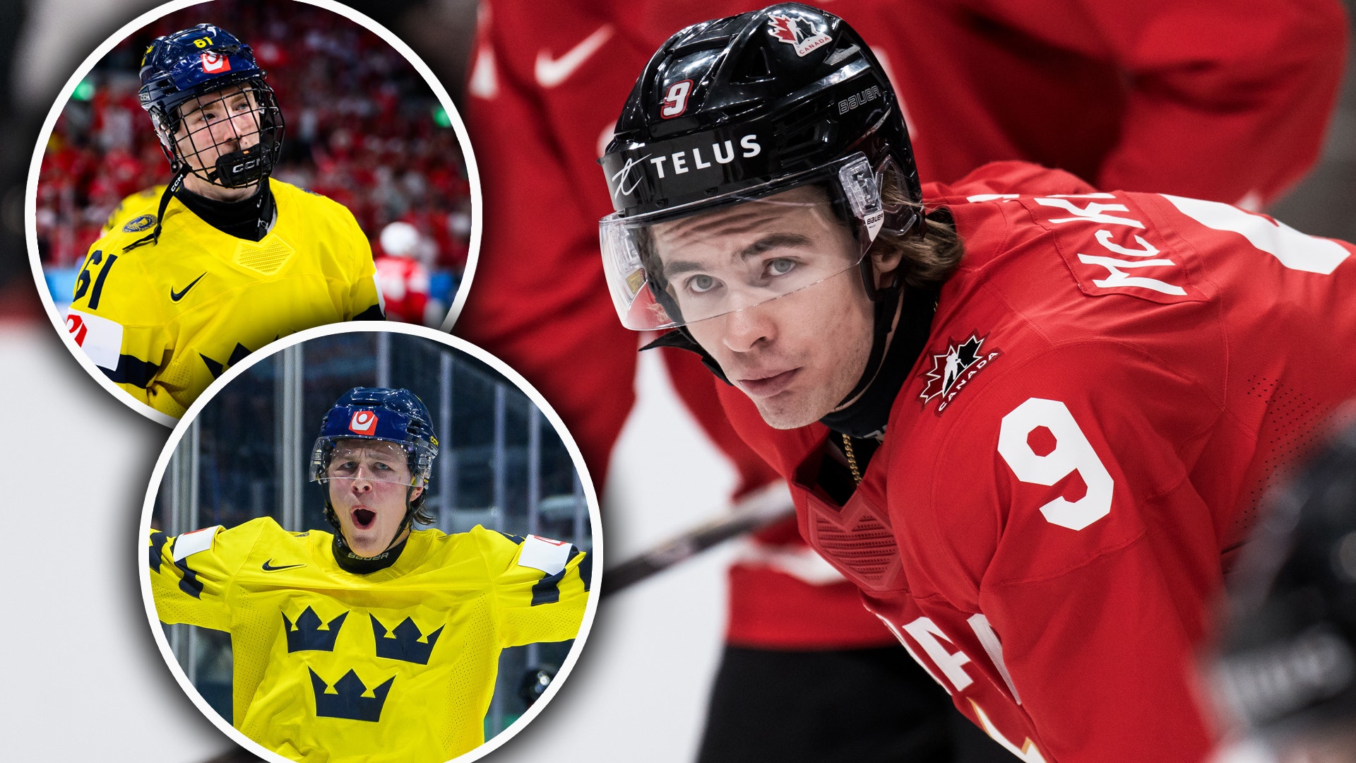 Ishockeyspelare i röd kanadensisk landslagströja med nummer 9, tillsammans med två inzoomningar av spelare i gula svenska landslagströjor.