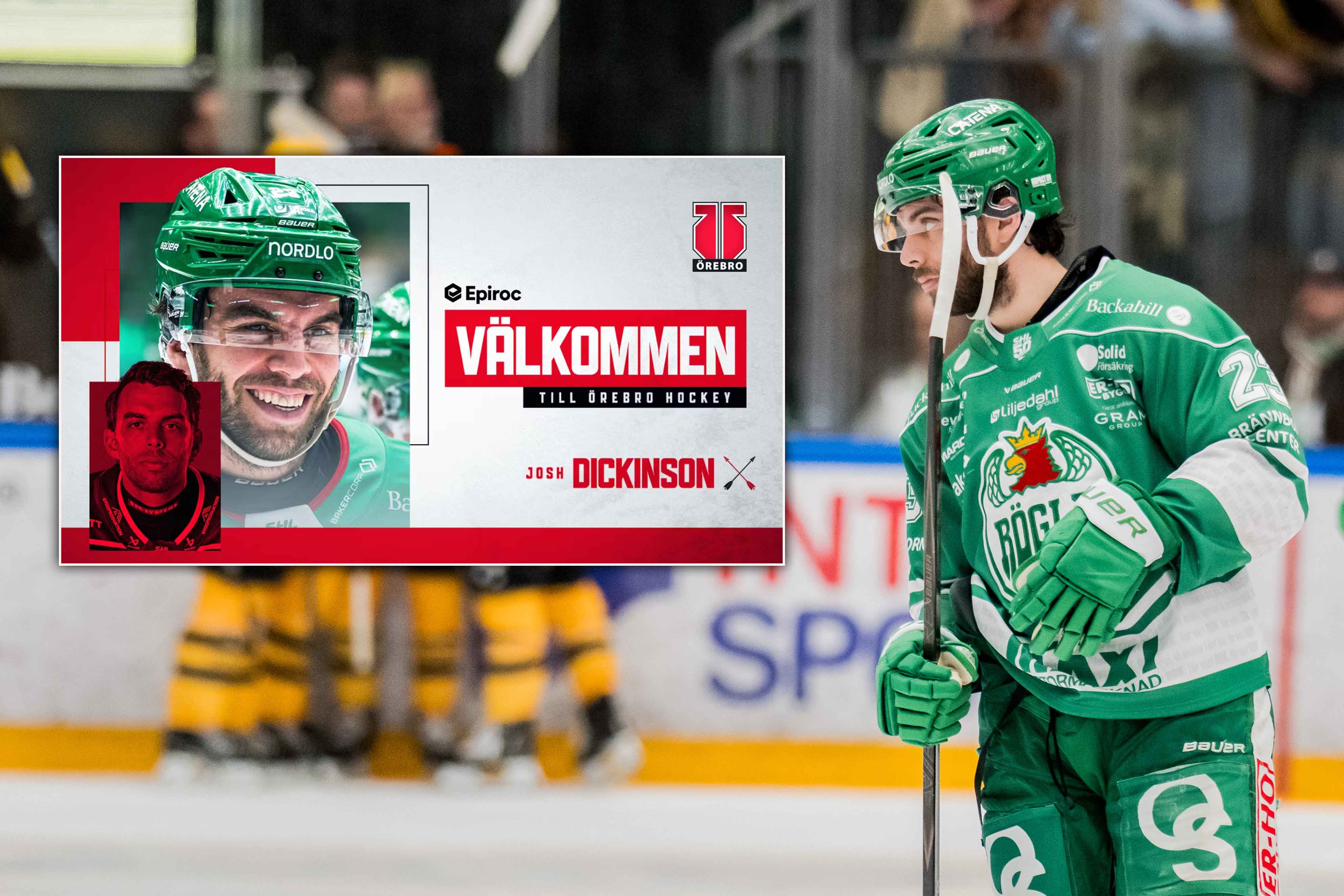 Hockeyspelar i grön och vit tröja står på isen med hockeyklubb. En stor skärm i bakgrunden visar ett välkomstmeddelande till spelaren.