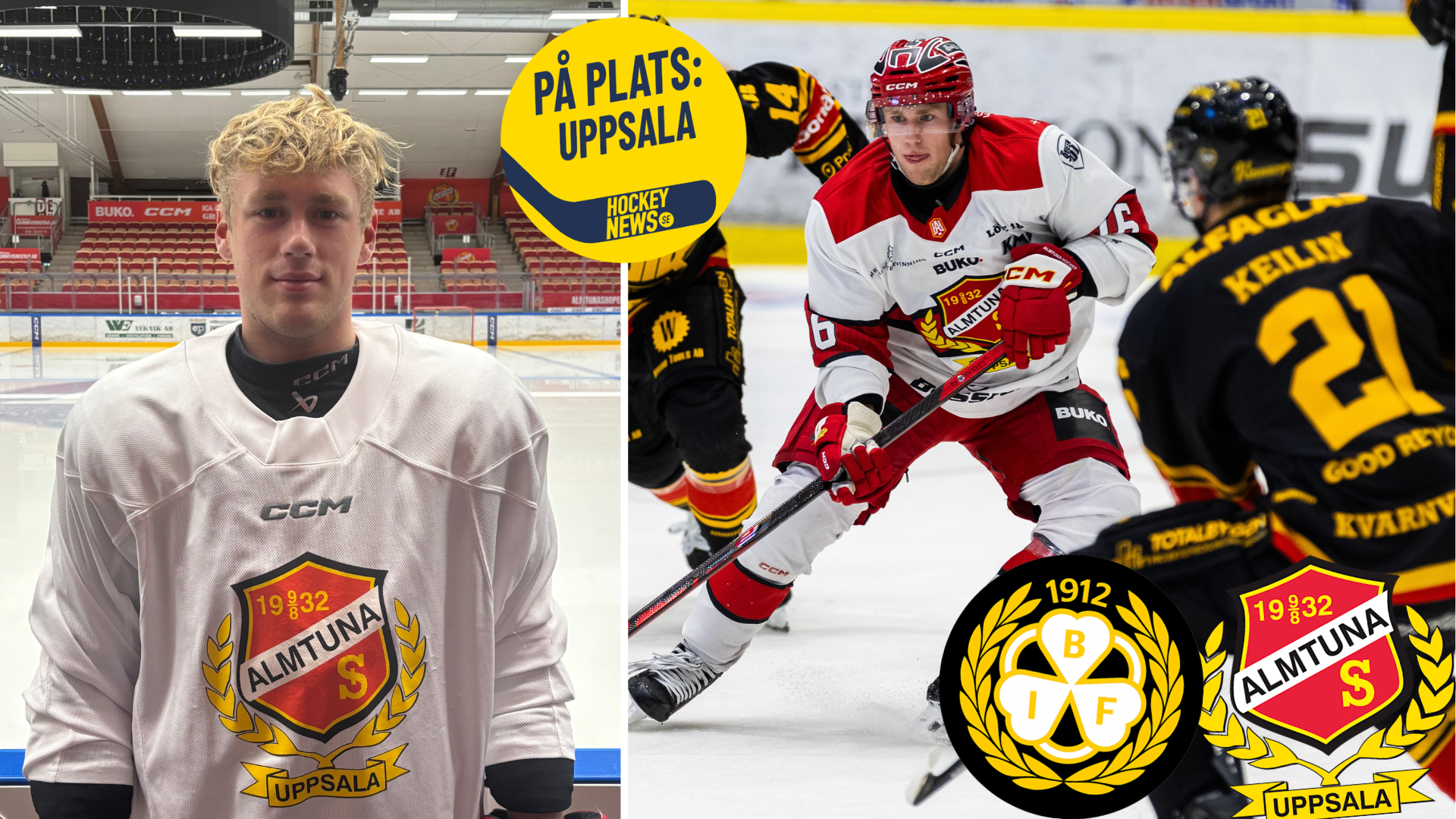Collage med två bilder. Till vänster står en ung man med blont hår i en vit tränings­tröja från Almtuna i en ishall. Till höger spelar en ishockeyspelare i rödvit matchtröja under en match mot en motståndare i svart tröja. Längst ner syns klubbmärken och en gul skylt med texten ”På plats: Uppsala”.