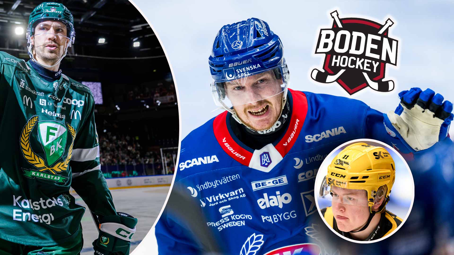 Collage med ishockeyspelare i olika färgade tröjor och Bodén Hockeys logga med två korsade hockeyklubbor.