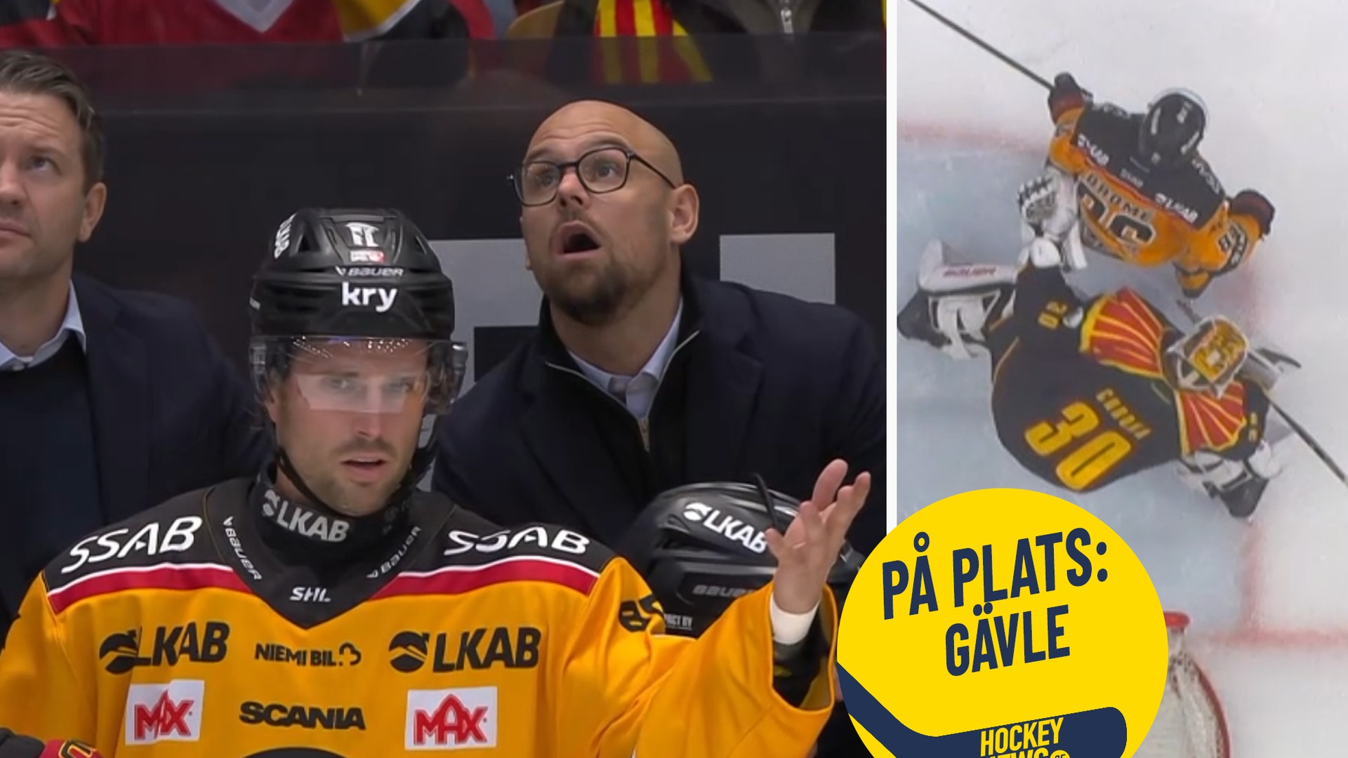 En ishockeyspelare i gul matchtröja reagerar upprört på bänken tillsammans med en tränare, medan en bild till höger visar en målvakt och en spelare i en närkamp framför mål.