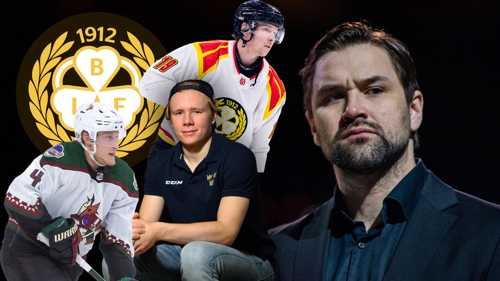 Collage med ishockeyspelare och logotyp för Björklöven IF från 1912. Bilden visar flera personer i olika sammanhang relaterade till ishockey, inklusive spelare i matchutrustning och porträtt.