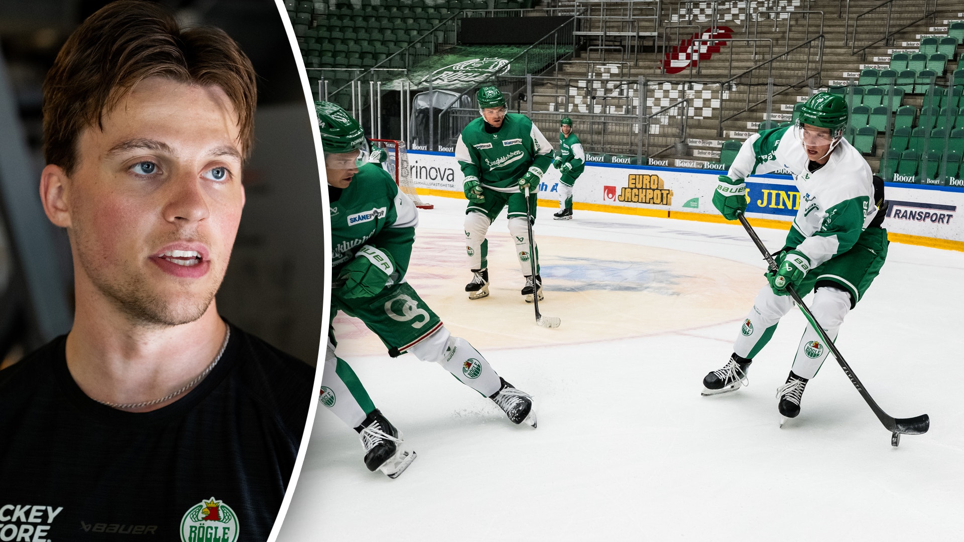 Sammansatt bild med porträtt av en ishockeyspelare på vänster sida och en ishockeymatch med spelare i gröna och vita uniformer på höger sida.