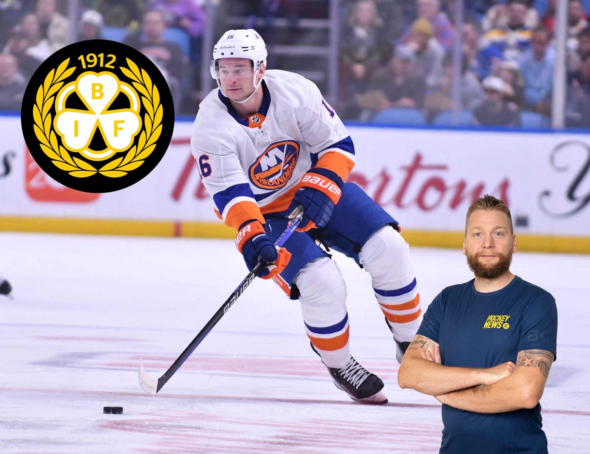 Sammansatt bild med en ishockeyspelare i AIK:s uniform på isen med puck och stick, tillsammans med ett porträtt av en man i mörkblå tröja. AIK:s logga från 1912 är synlig i övre vänstra hörnet.