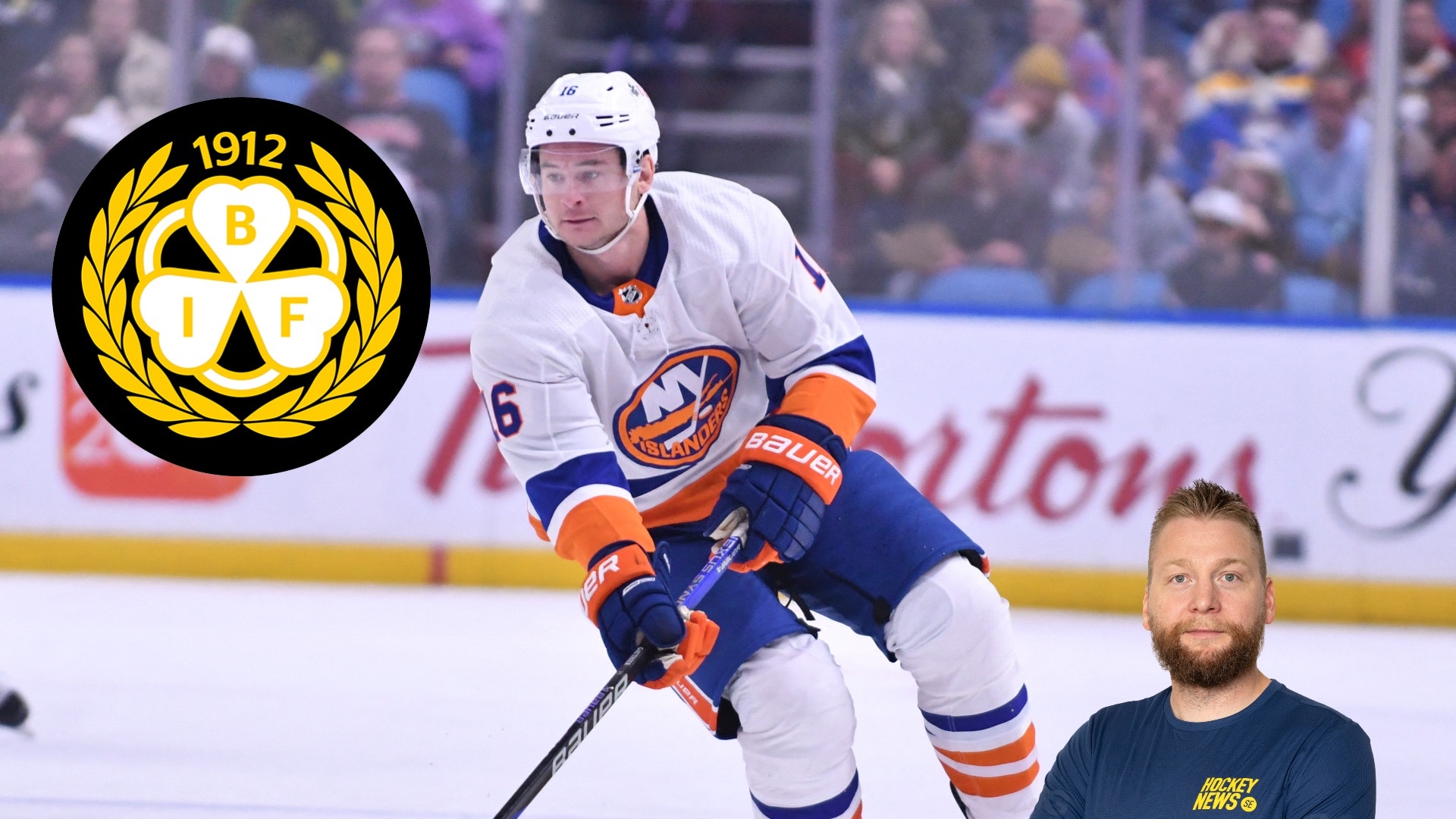 Sammansatt bild med en ishockeyspelare i AIK:s uniform på isen med puck och stick, tillsammans med ett porträtt av en man i mörkblå tröja. AIK:s logga från 1912 är synlig i övre vänstra hörnet.