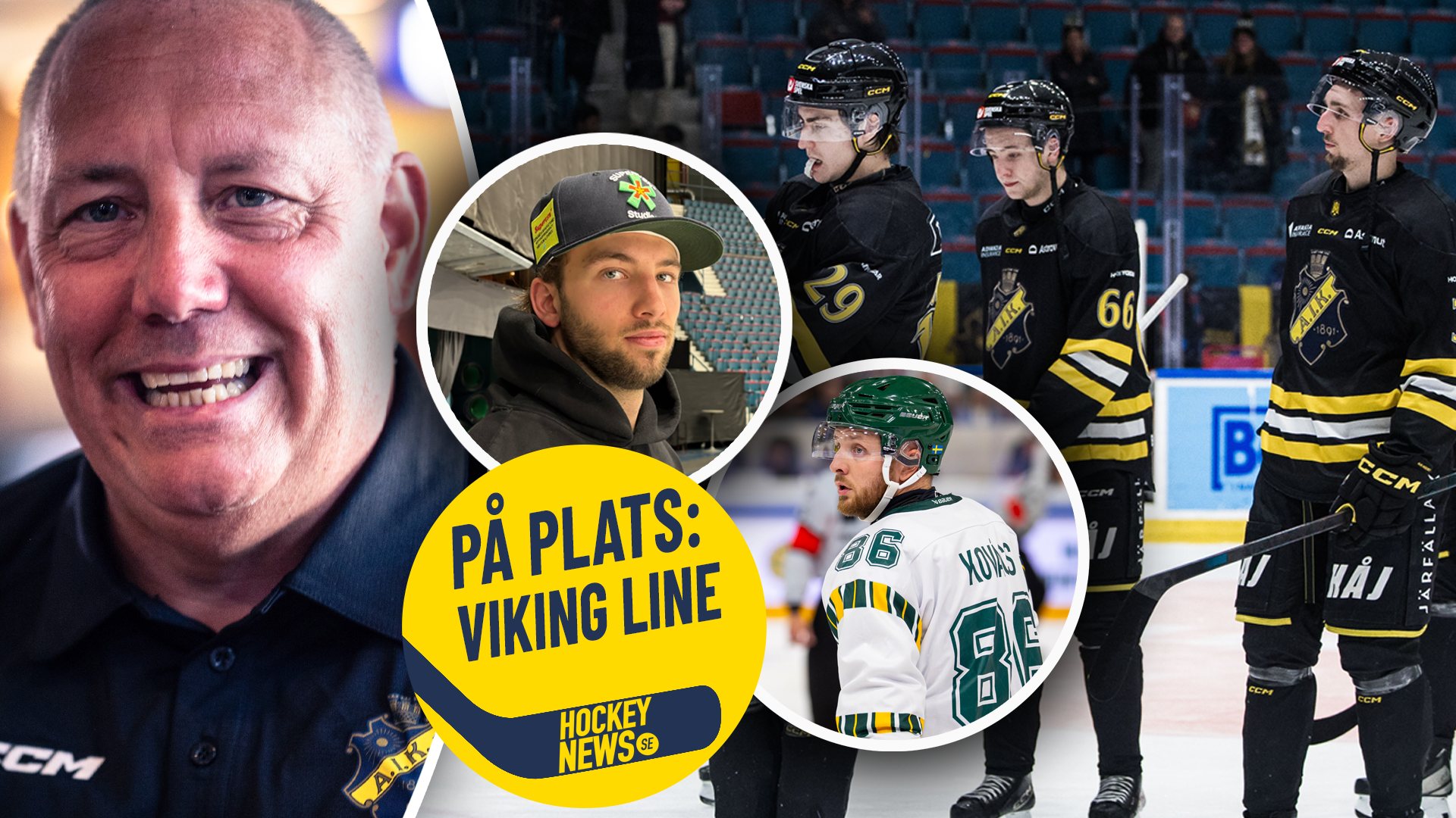 Bildkollage med en leende man i tränarkläder, en man med keps, ishockeyspelare på isen samt en målvakt, tillsammans med texten "På plats: Viking Line" och Hockey News-logotypen.