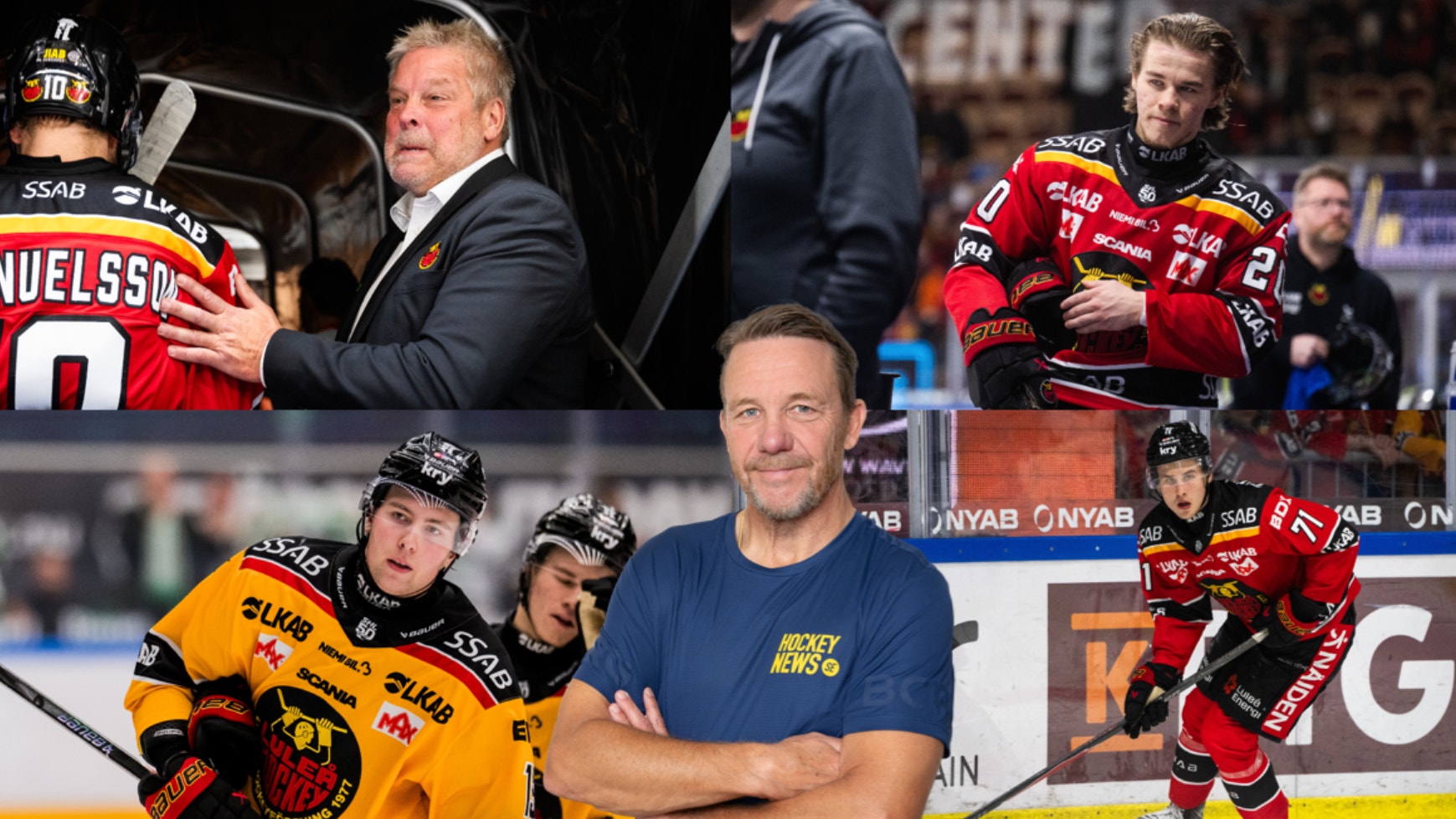 Kollage från en ishockeymatch med tränare och spelare i röda och gula trikåer på bänken under en match.