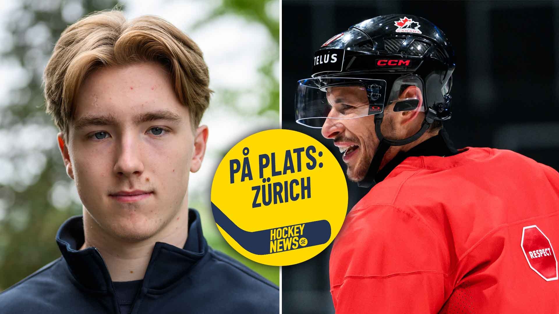 Sammansatt bild som visar en ung person på vänster sida och en ishockeyspelare på höger sida, med en gul cirkel i mitten som indikerar "På plats: Zürich" från Hockey Helso.