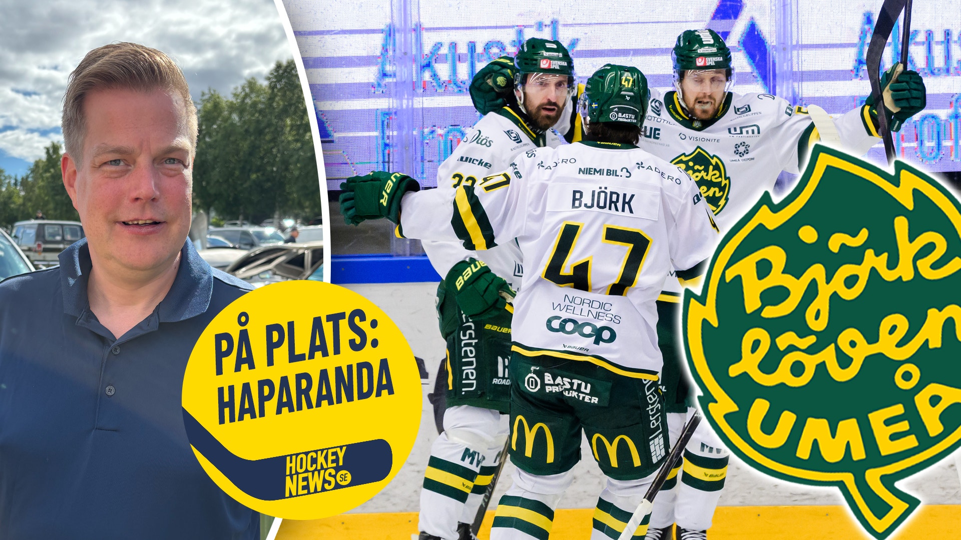 Collage med en man på vänster sida och ishockeyspelare på höger sida. Gula badges med texten "På plats: Haparanda" och Hockey News-logotyp är synliga. Gul cirkulär badge med texten "På plats: Haparanda" och Hockey News-logotyp