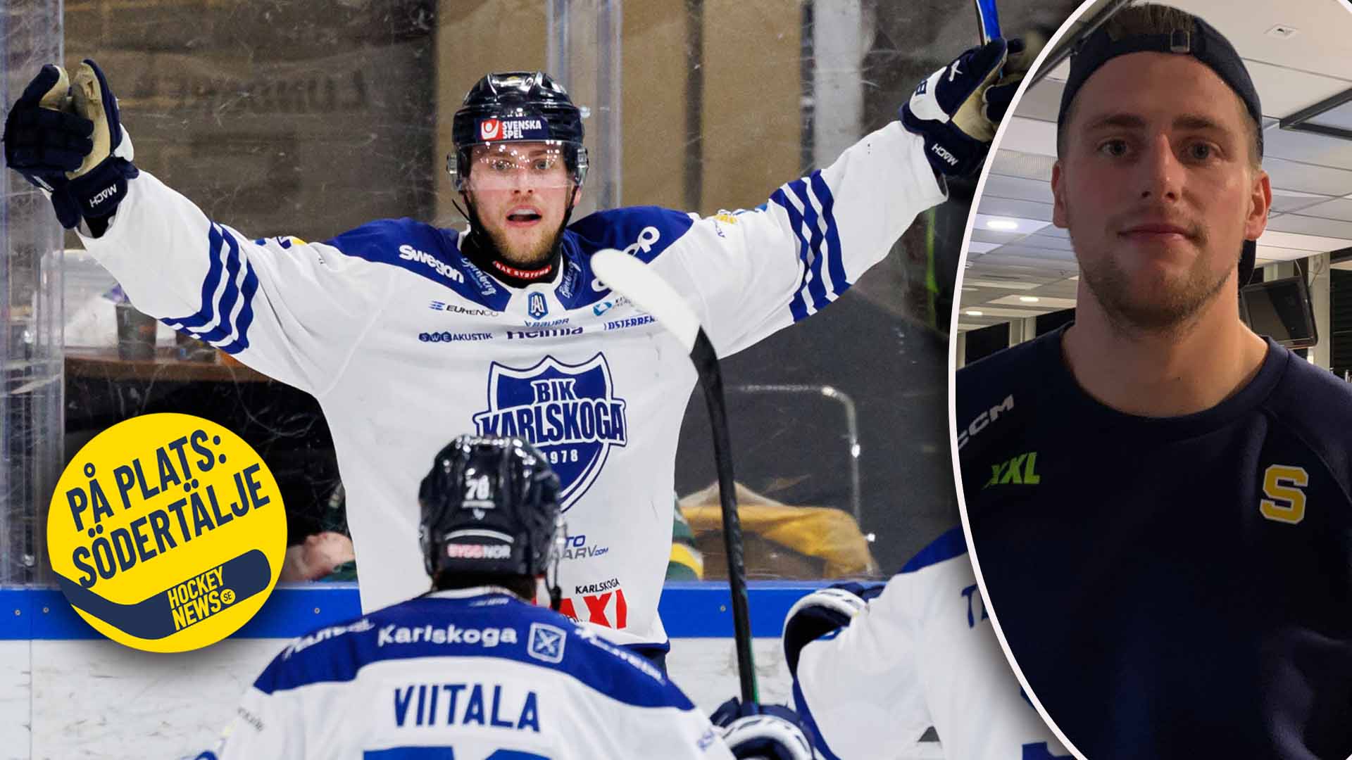 Ishockeyspelare i vit och blå tröja jublar med armarna höjda under en match.