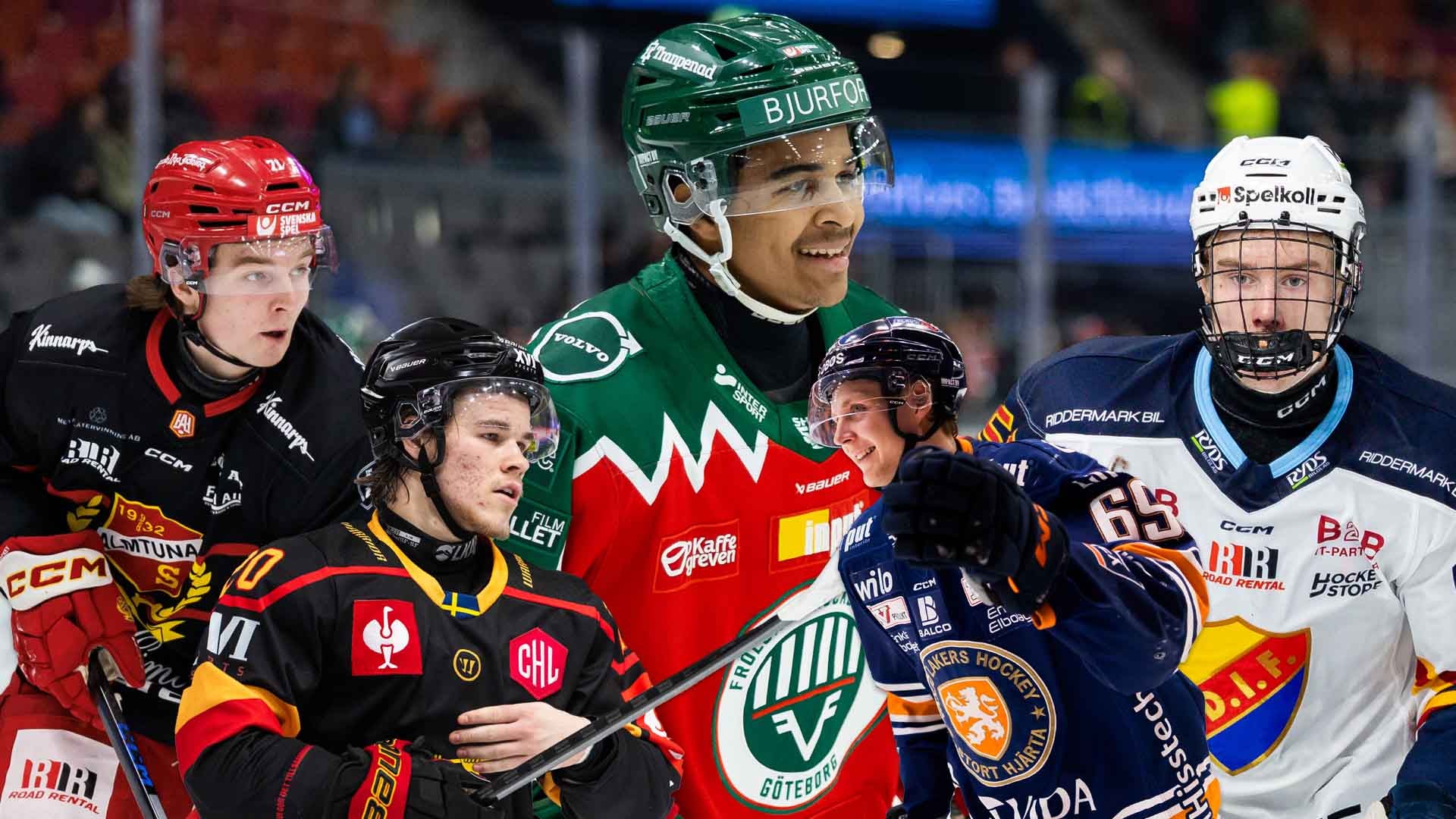 Fem ishockeyspelare i olika lagdräkter står tillsammans på isen under en match.