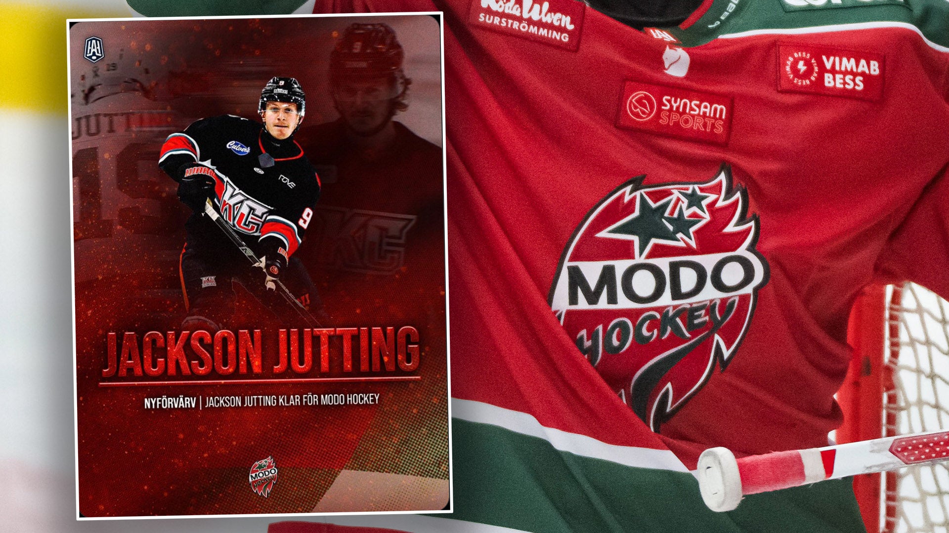 Collage med ishockeyspelaren Jackson Jutting i röd MODO-tröja och en närbild av MODO-lagets hockeytröja med lagets logga.