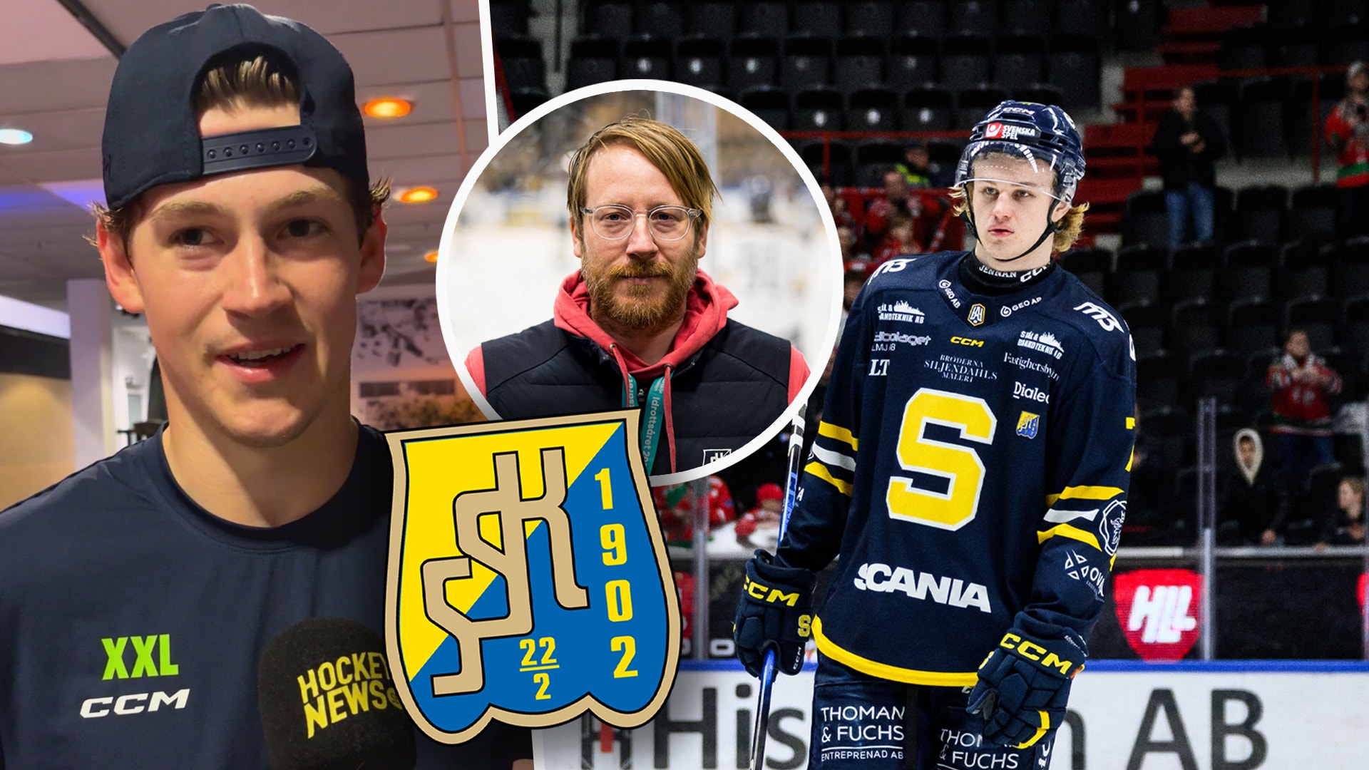 Kollage med tre personer från hockeymiljön. Till vänster en man med keps och hockeytröja, i mitten en man med hockeyutrustning, och till höger en spelare i blå och gul hockeyuniform. En hockeylogga är placerad i mitten av bilden.