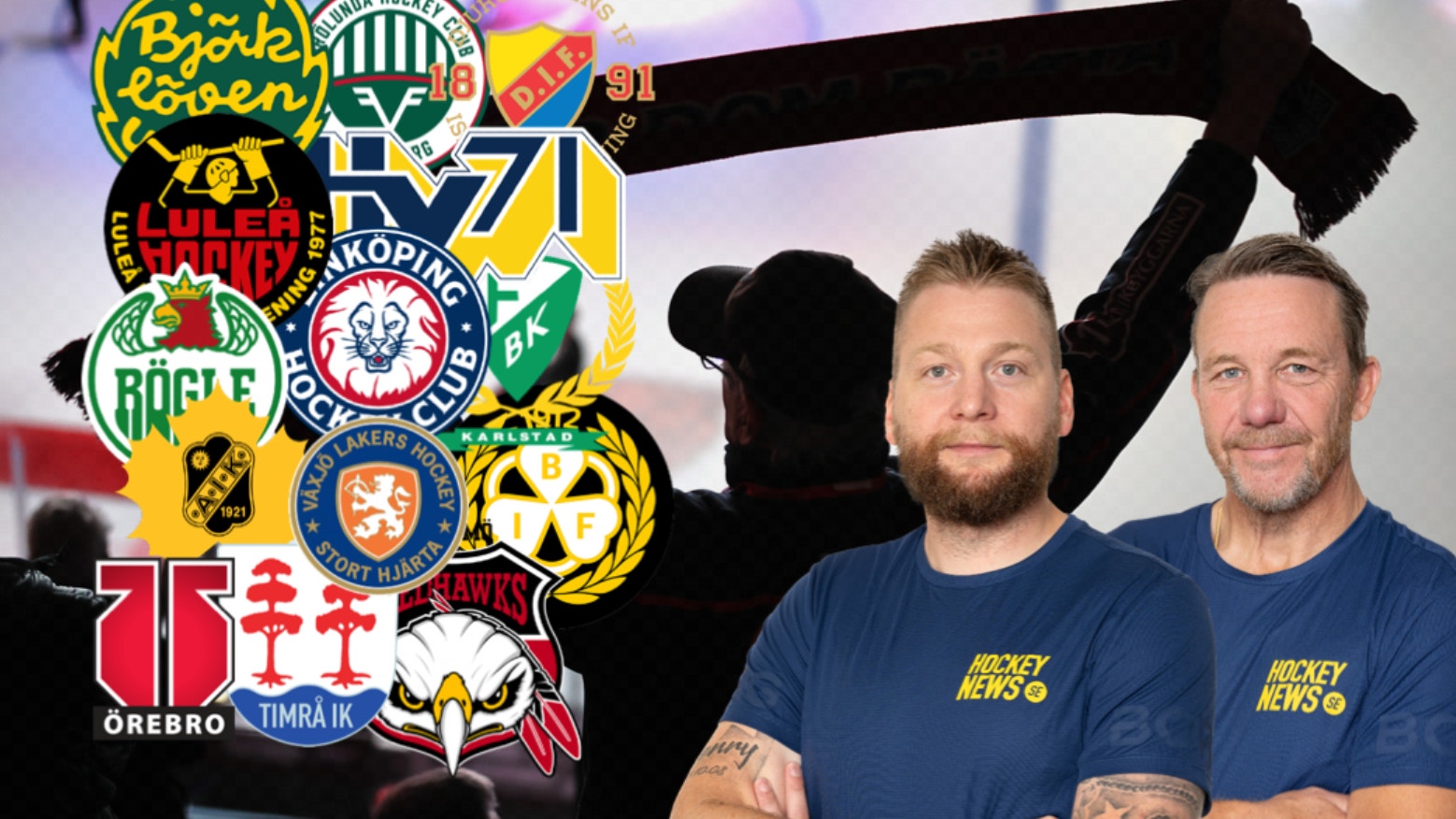 Två män i Hockey News-tröjor framför en collage av svenska ishockeylagors logotyper och en silhuett av en ishockeyspelare.