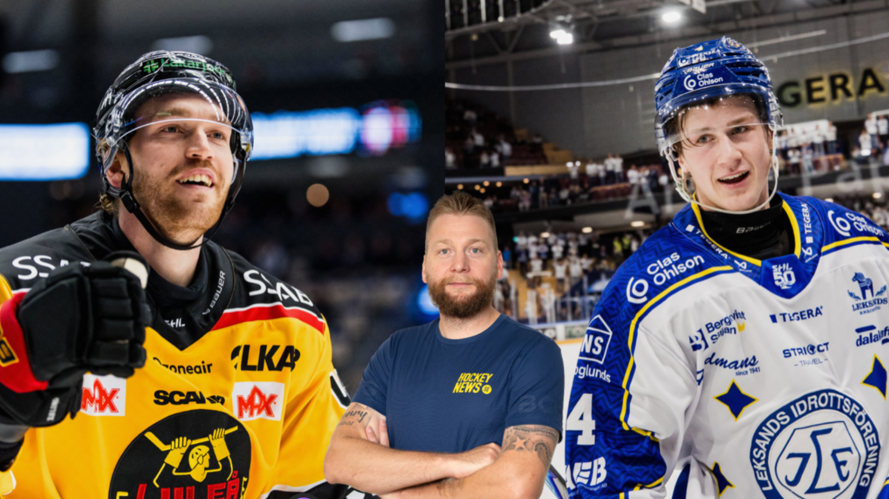 Tre personer på en ishockeymatch. En spelare i gul och svart matchdräkt till vänster, en person i mörkblå tröja i mitten, och en spelare i blå och vit matchdräkt till höger. Publikhallen syns i bakgrunden.