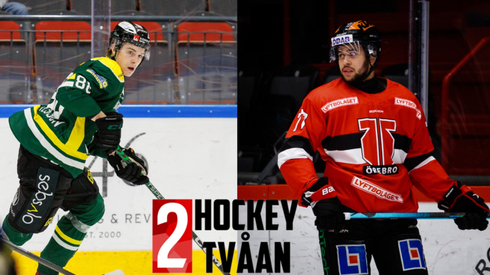 Två ishockeyspelare i olika lag-uniformer på en ishockeyrink. Spelaren till vänster bär en grön och gul tröja, och spelaren till höger bär en röd tröja. Hockey Tvåan-logotyp är synlig i mitten.