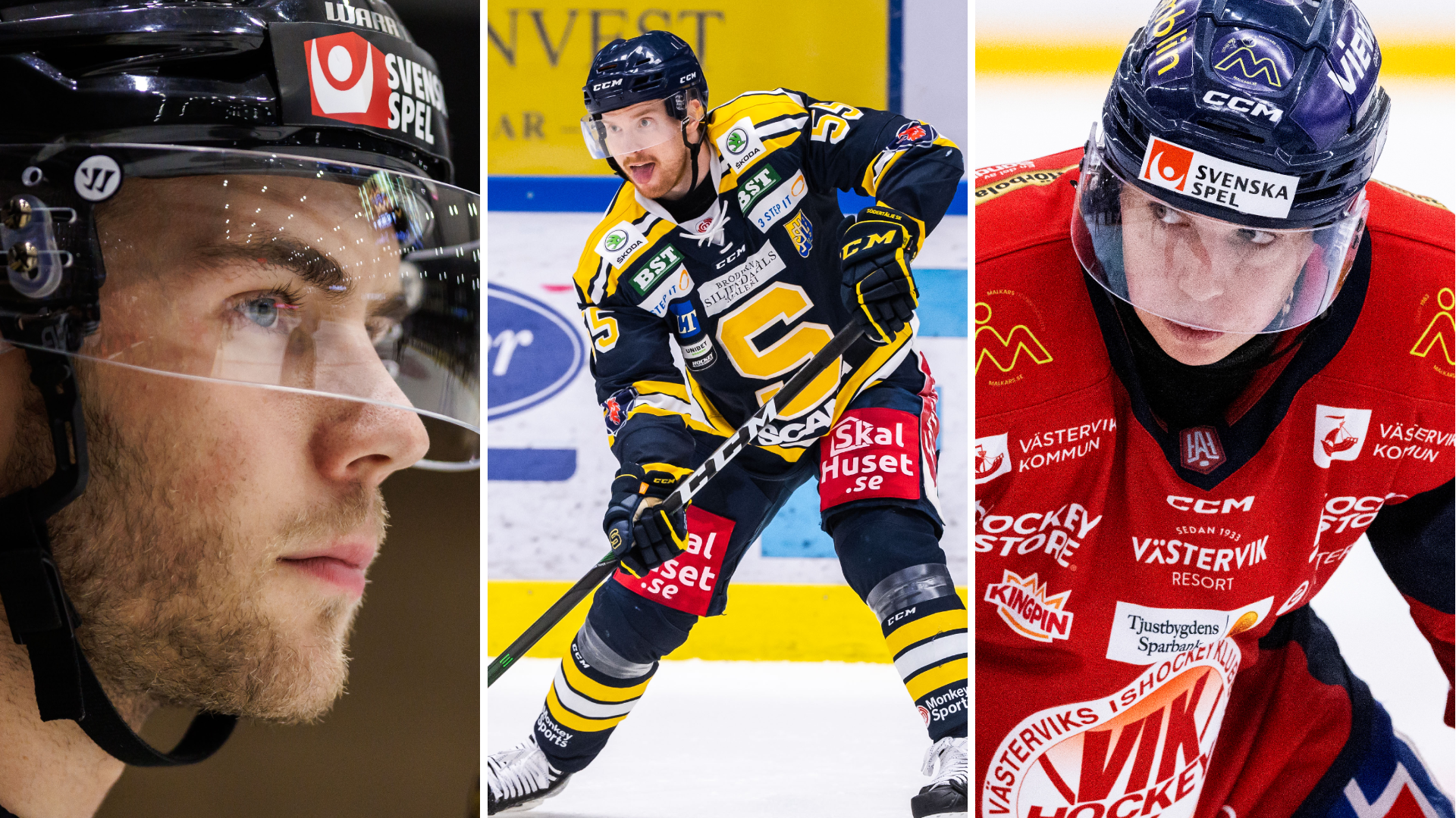 Bildkollage med tre ishockeyspelare i hjälm och utrustning, två i mörka matchtröjor och en i röd matchtröja.