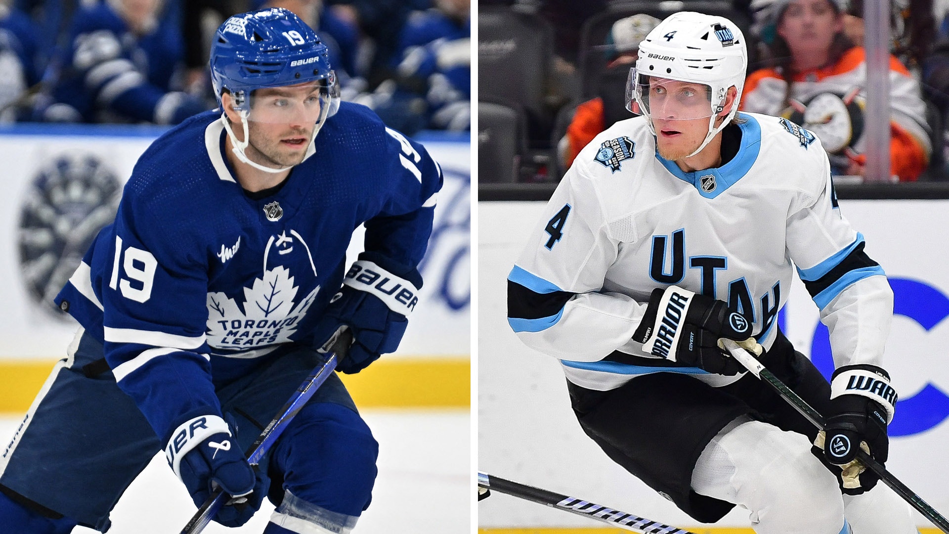 Två ishockeyspelare i action under en match. Till vänster en spelare i blå Toronto Maple Leafs-tröja, till höger en spelare i vit Winnipeg Jets-tröja.