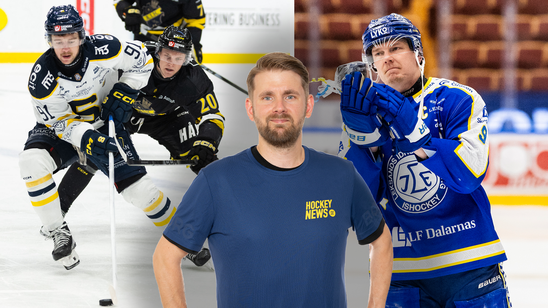 Collage med ishockeyspelare från olika lag i vita, svarta och blå trikåer, tillsammans med en man i mitten som bär en mörk t-shirt med texten Hockey Heroes.