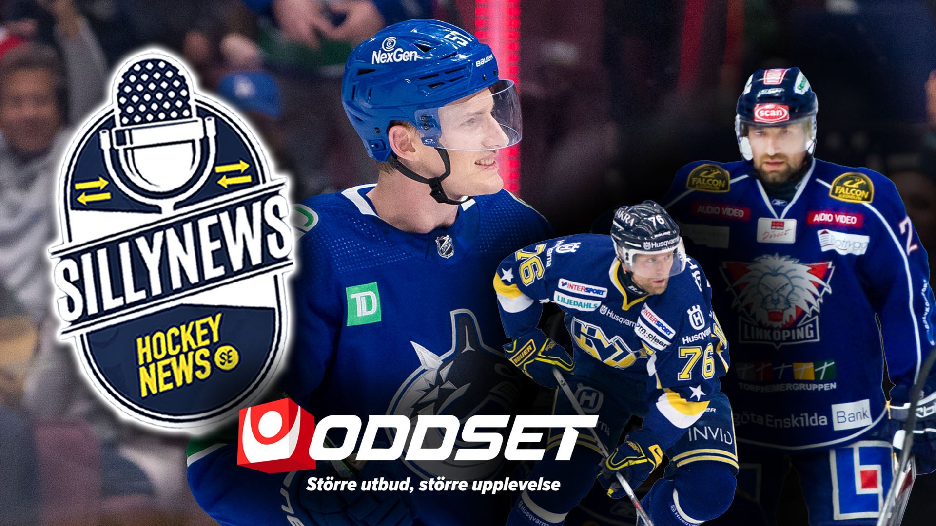 Promotionsbild för Silly News Hockey News som visar tre ishockeyspelare i blå och svarta uniformer tillsammans med logotyper för Silly News och Oddset.
