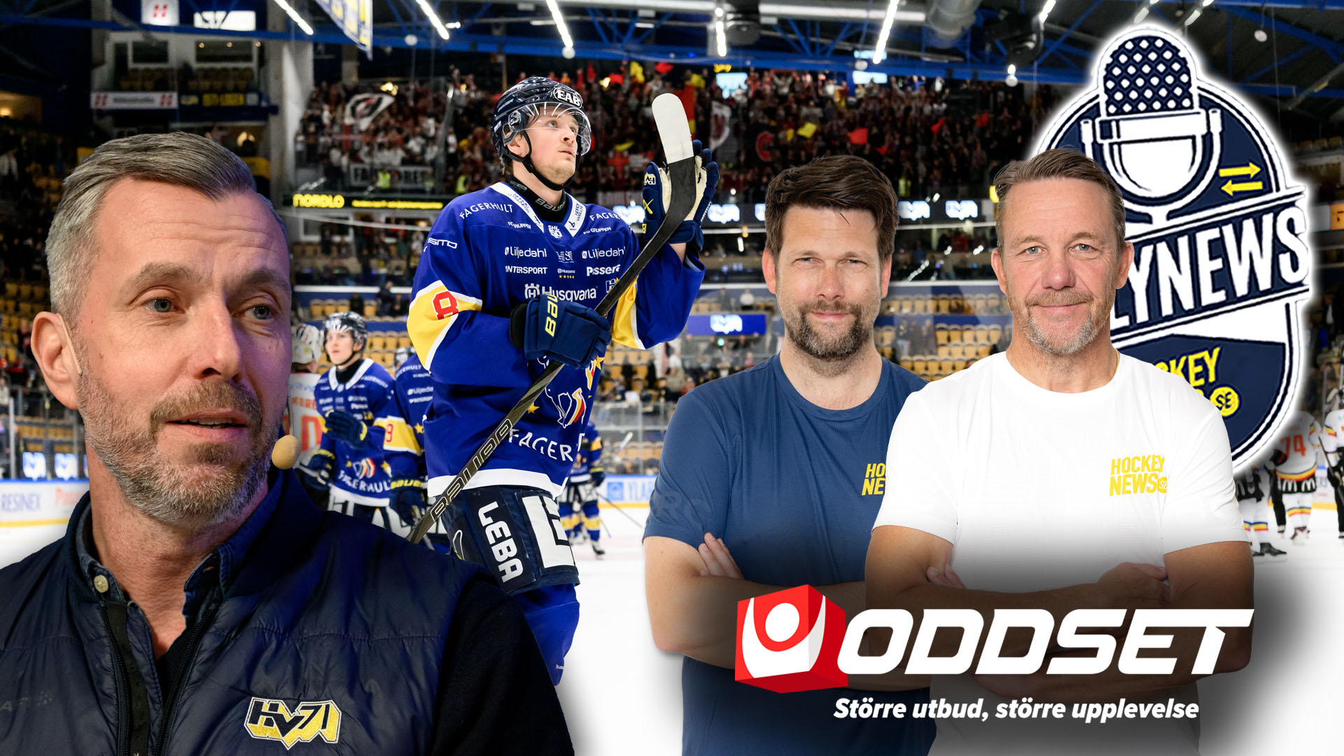 Collage med tre män och en hockeyspelare i blå uniform. Logotyper för Hockey News och ODDSET syns på bilden.