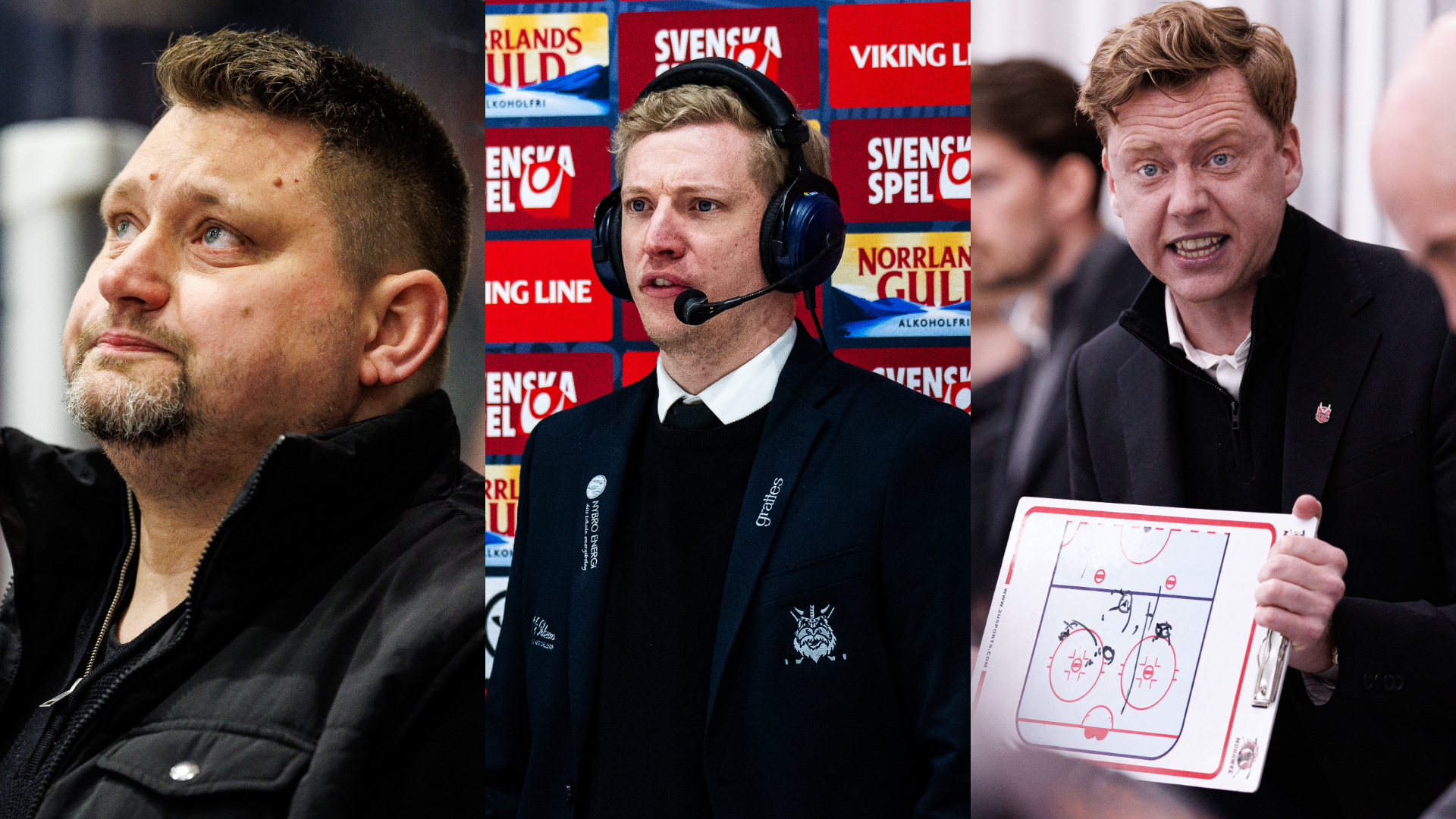 Kollage med tre bilder från ishockeymiljö. Till vänster en man i svart jacka, i mitten en man med headset framför en vägg med svenska hockeylogotyper, och till höger en man i mörk kostym som håller upp ett taktikschema.
