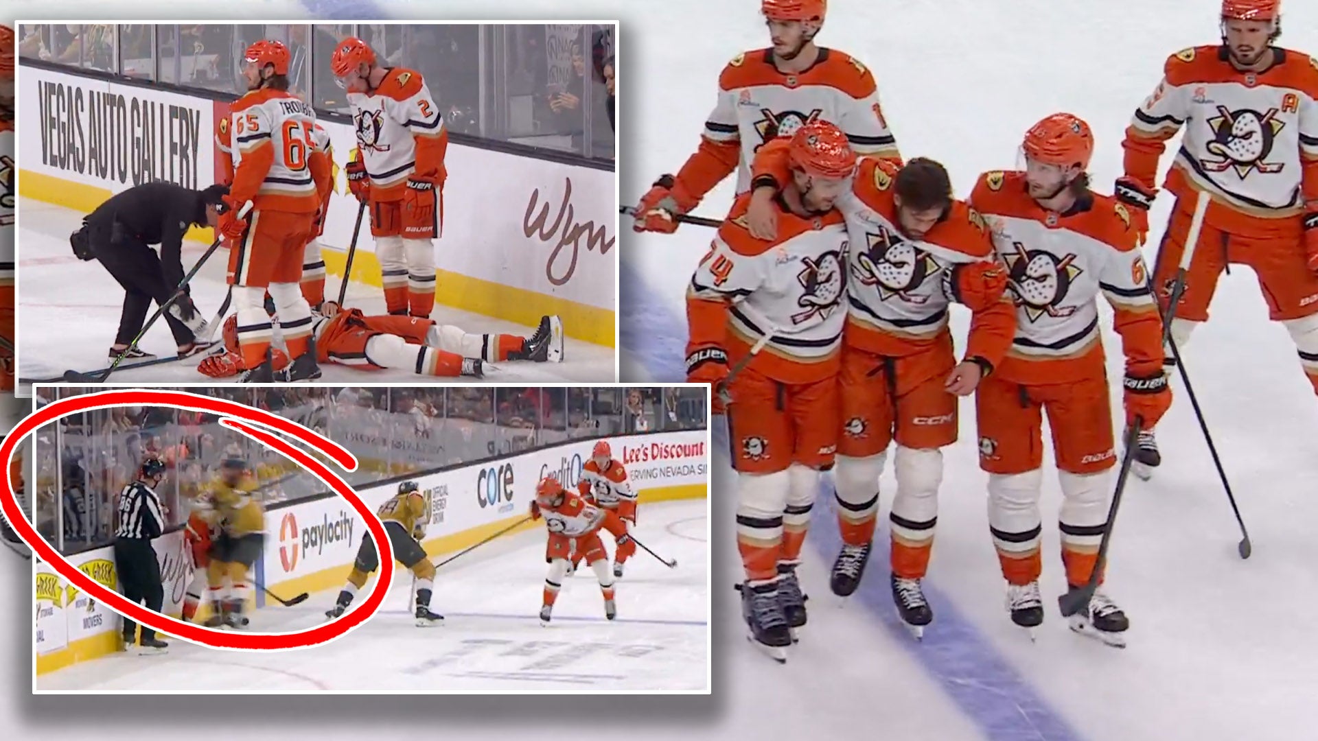 Kollage från ishockeymatch med Anaheim Ducks-spelare i orange och vita uniformer. Bilderna visar spelmoment från matchen och spelare som står tillsammans på isen.