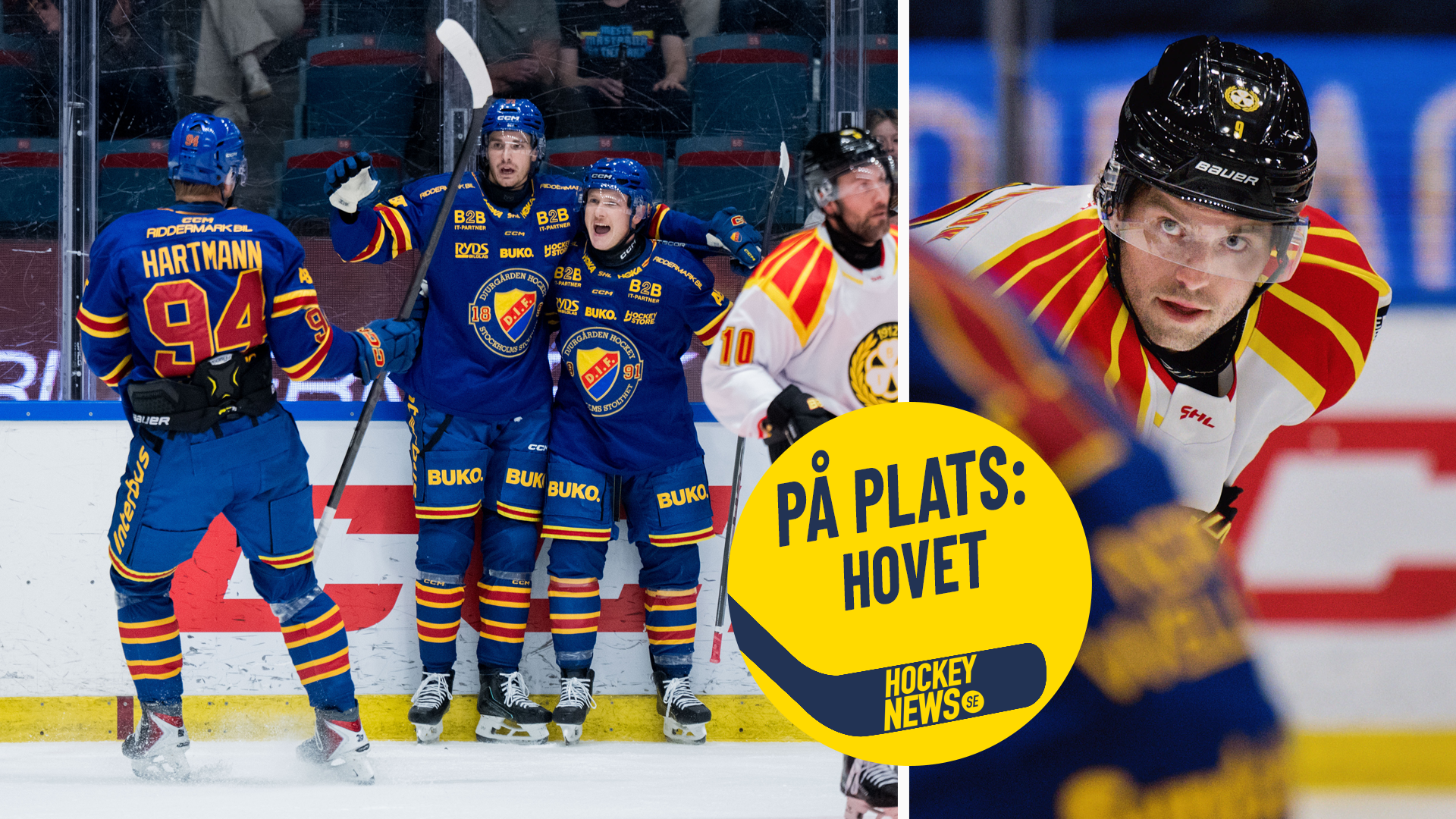 Ishockeyspelare i blå och gula tröjor under match. Bilden visar flera spelare vid bänken och en porträttbild av en spelare med svart hjälm.