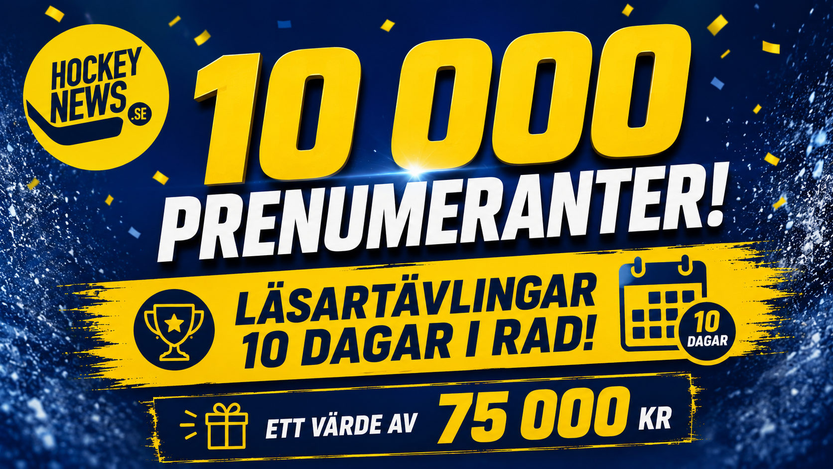 Promotionsbanner för Hockey News som firar 10 000 prenumeranter med erbjudande om läsartävlingar under 10 dagar och möjlighet att vinna 75 000 kronor.