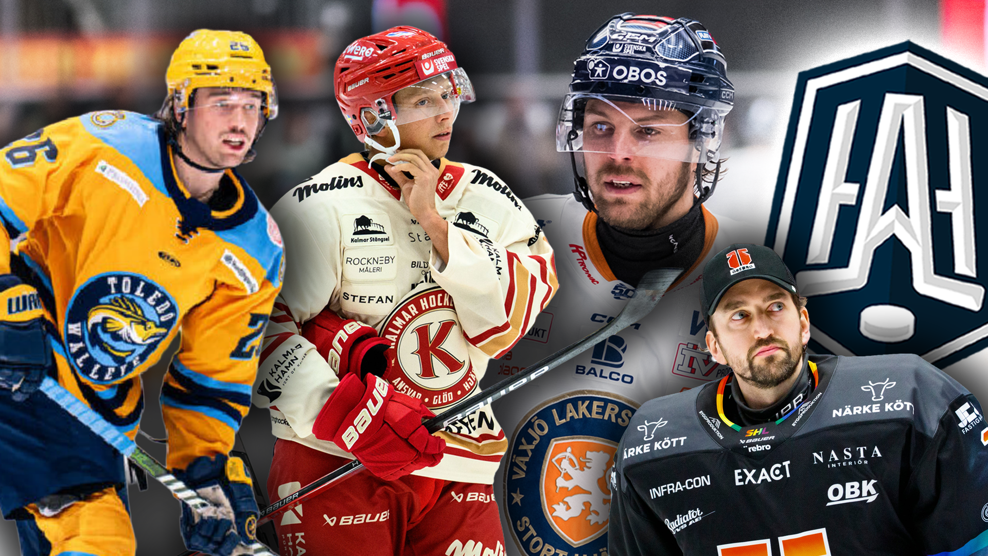 Fyra ishockeyspelare i olika färgade tröjor tillsammans med ett laglogotyp. Spelarna är utrustade med hjälmar och representerar olika lag.