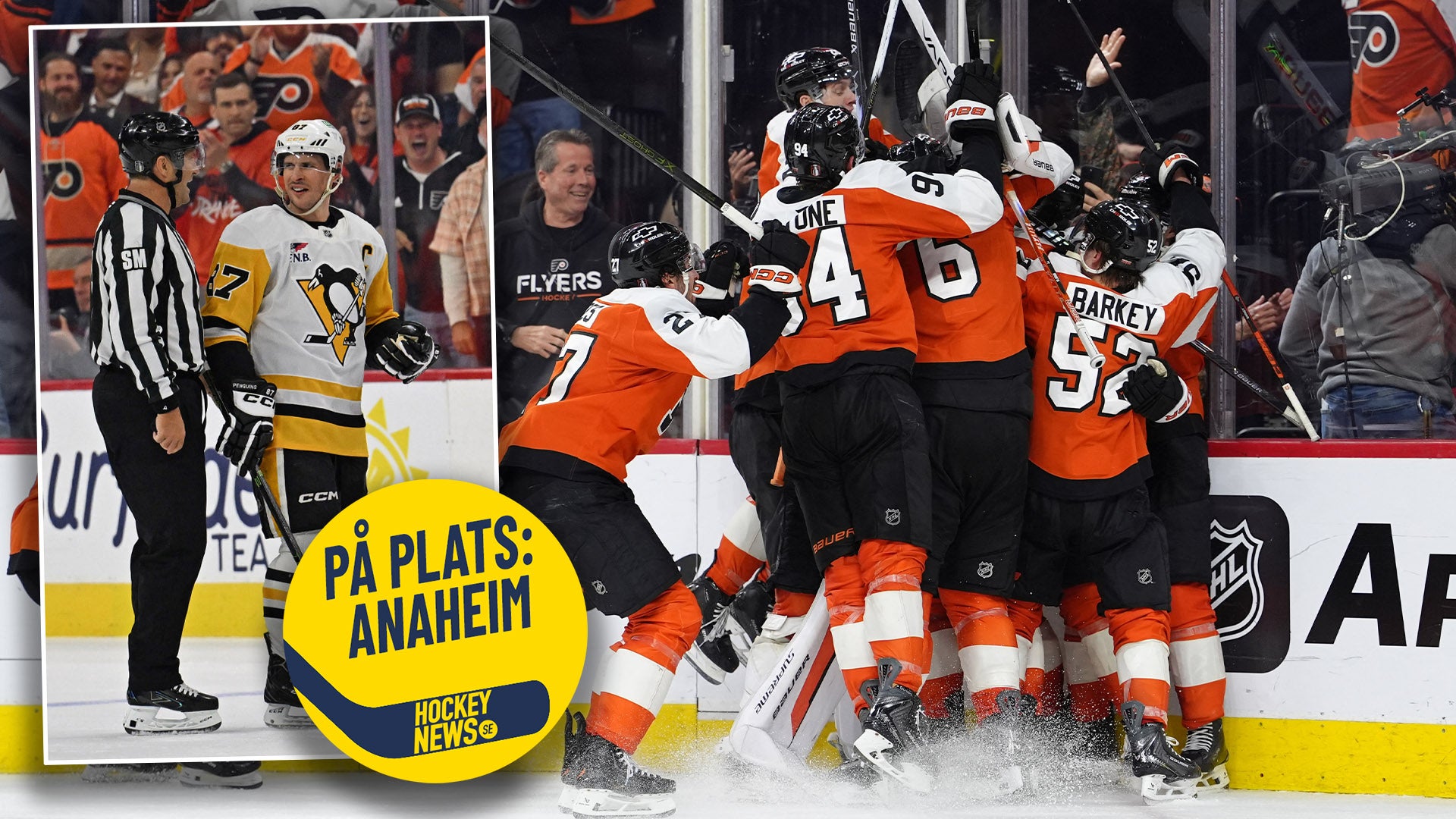 Philadelphia Flyers-spelare i orange tröjor jublar tillsammans vid borden under en NHL-match. En domare i randig tröja står i bakgrunden. Foto: Bildbyrån