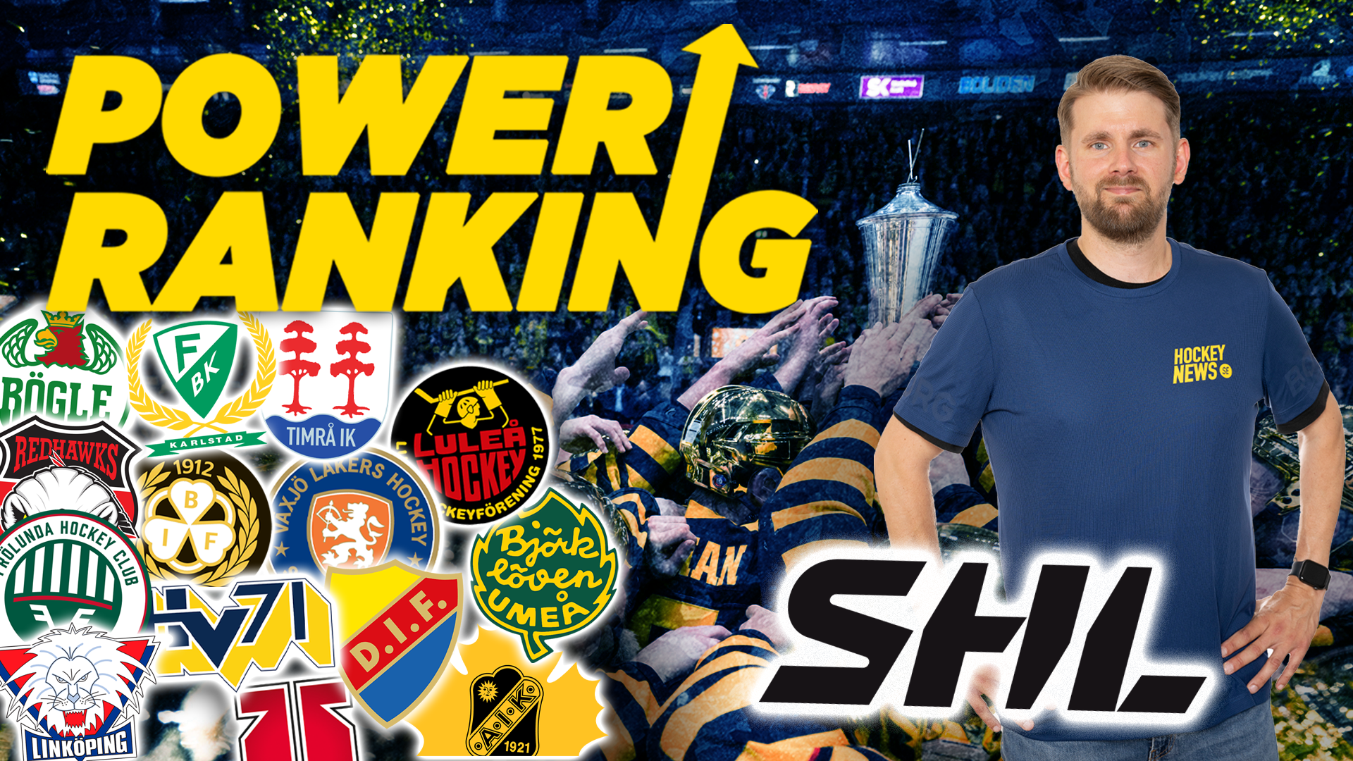 Grafik för SHL power ranking med en man i blå t-shirt omgiven av logotyper från Svenska Hockeyligan-lag och hockeyrelaterade bilder.