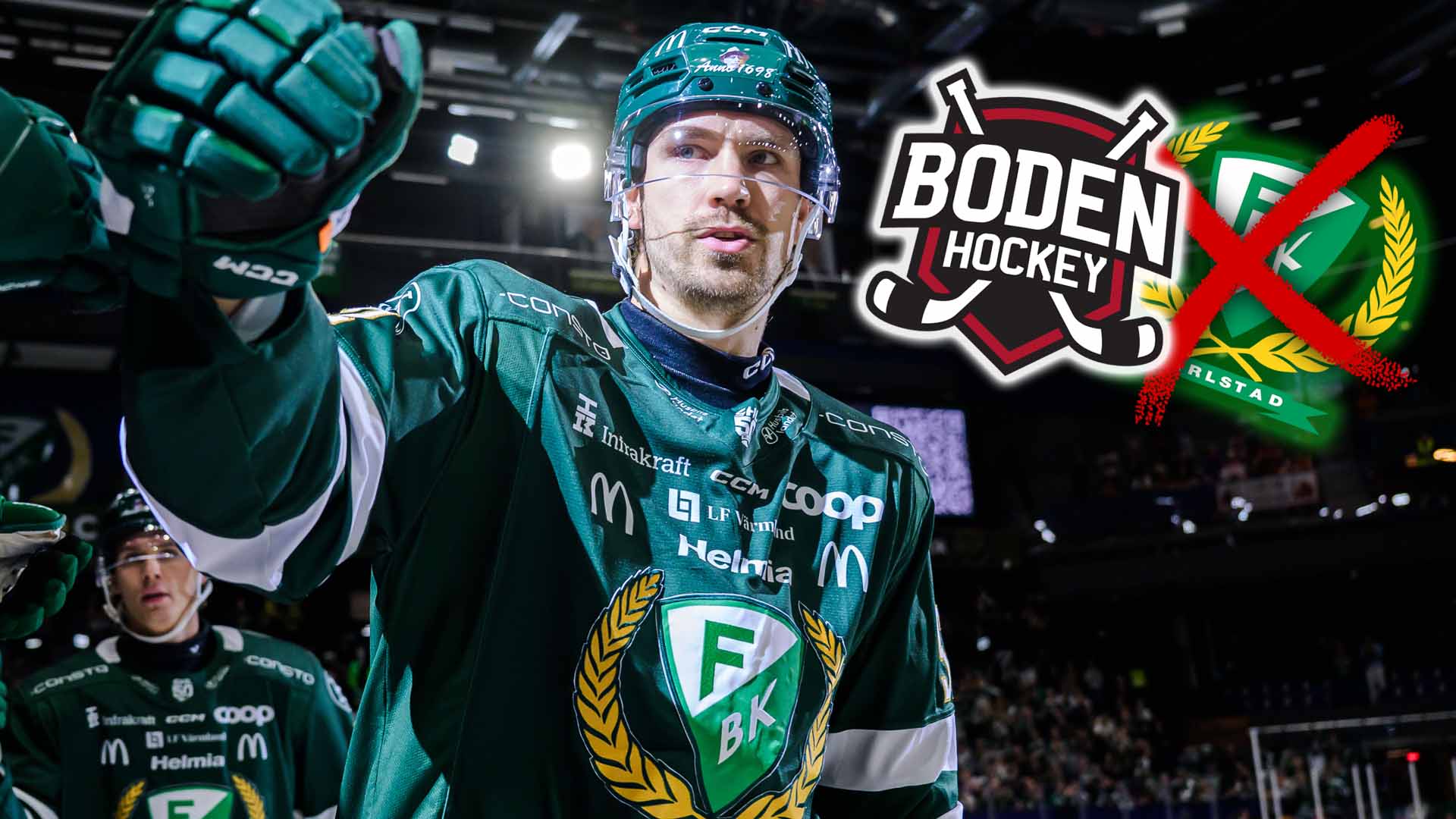 En ishockeyspelare i grön och mörkblå tröja jublar med höjd arm på isen. Logon för Bodén Hockey syns i bakgrunden.