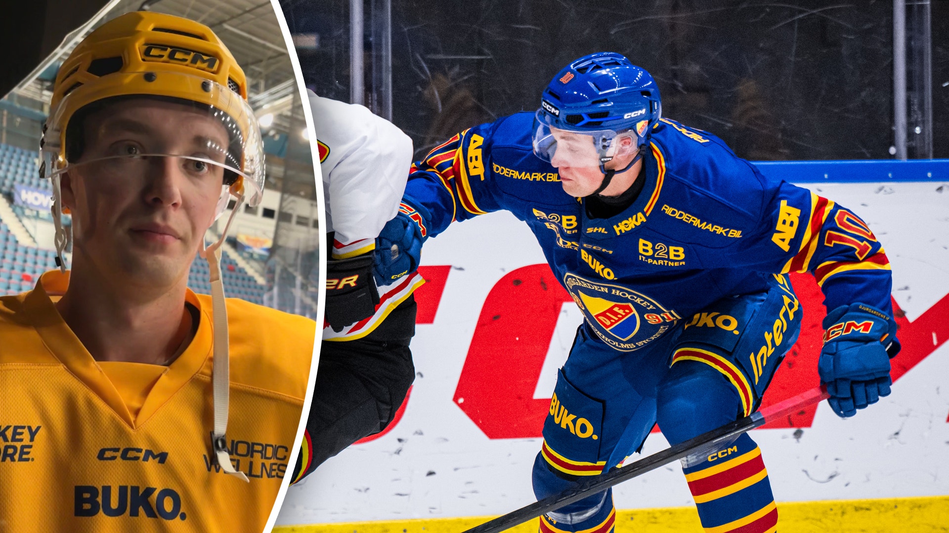 En ishockeyspelare i gul matchtröja och en spelare i blå matchtröja som åker skridskor på isen.