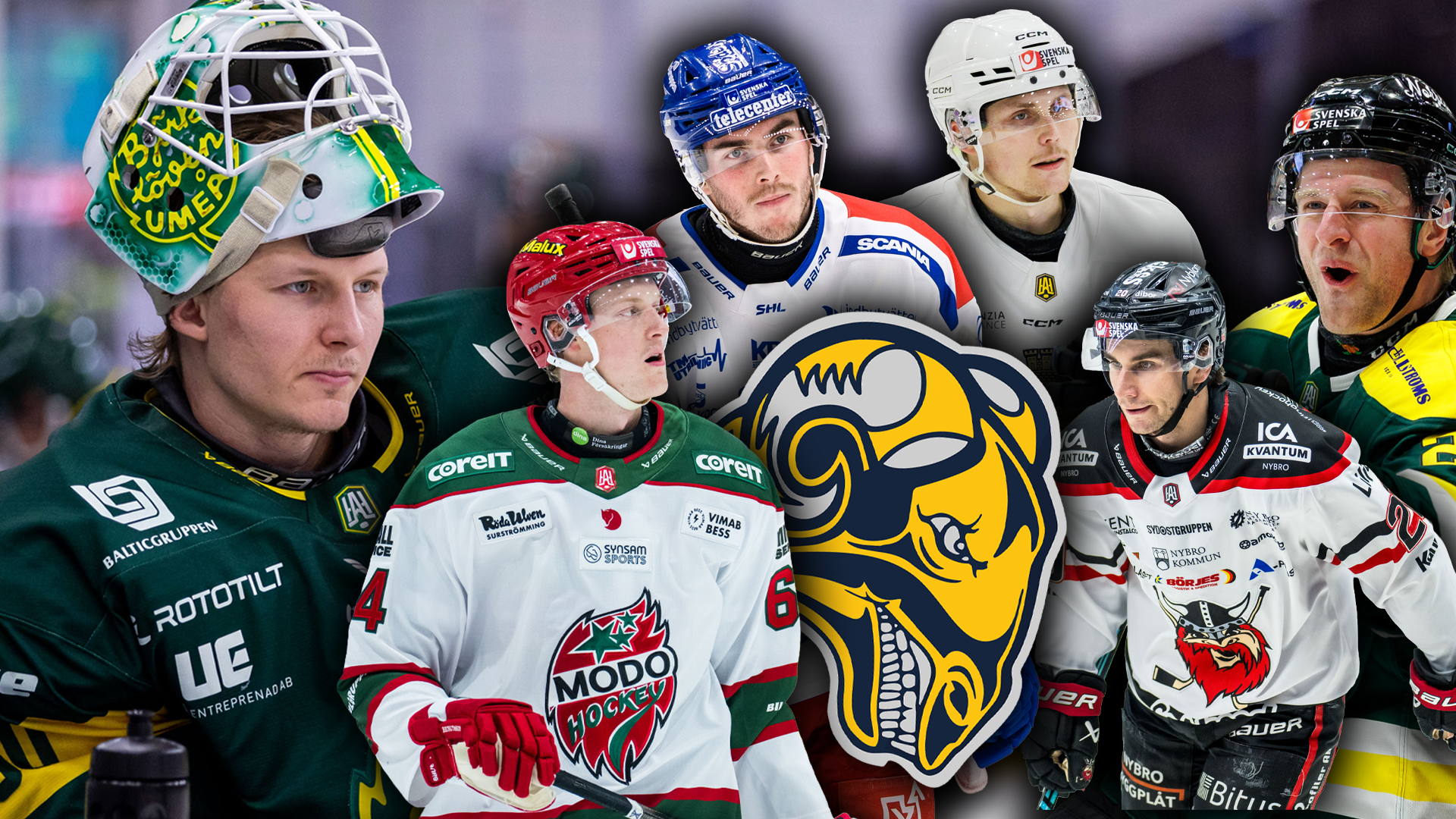 Kollage med ishockeyspelare från olika svenska ishockeylag, inklusive målvakt och utespelare i sina respektive lagtröjor.