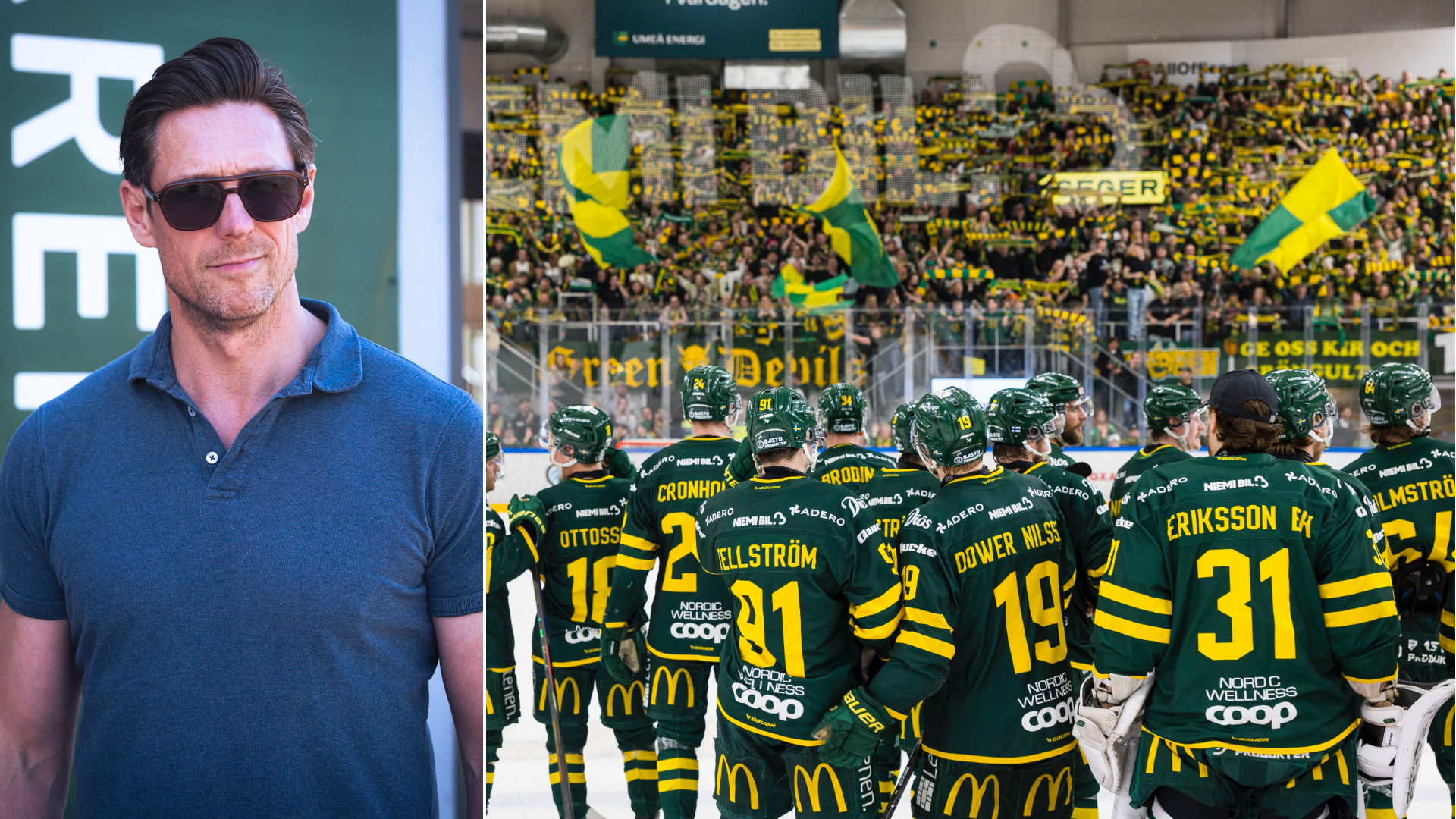 Kollage med porträttbild på man i blå skjorta och solglasögon, samt ishockeyscen med spelare i gul och svart utrustning framför fullsatt läktare.