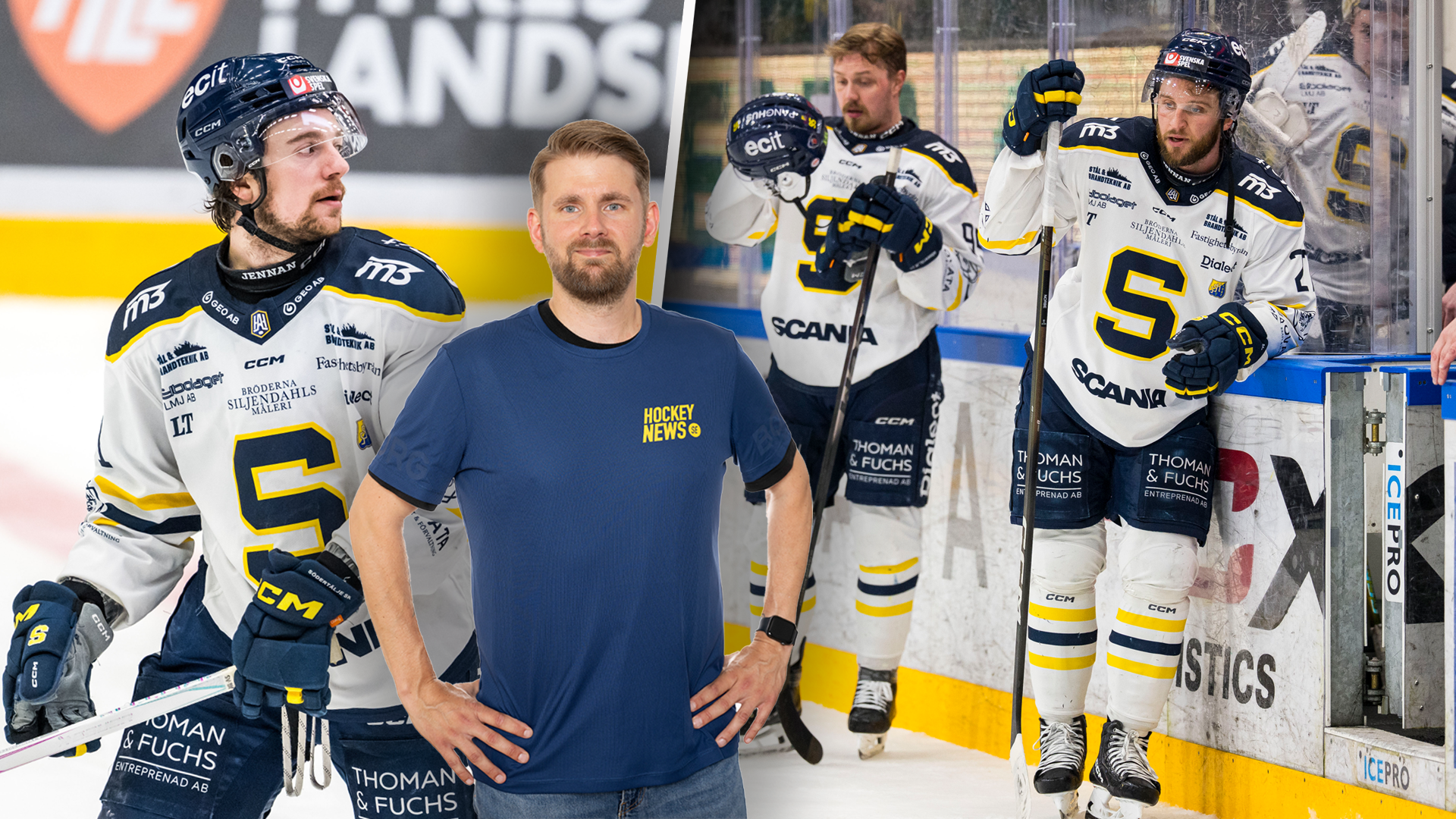 Ishockeytränare tillsammans med spelare vid träningsbanken under en match eller träning.