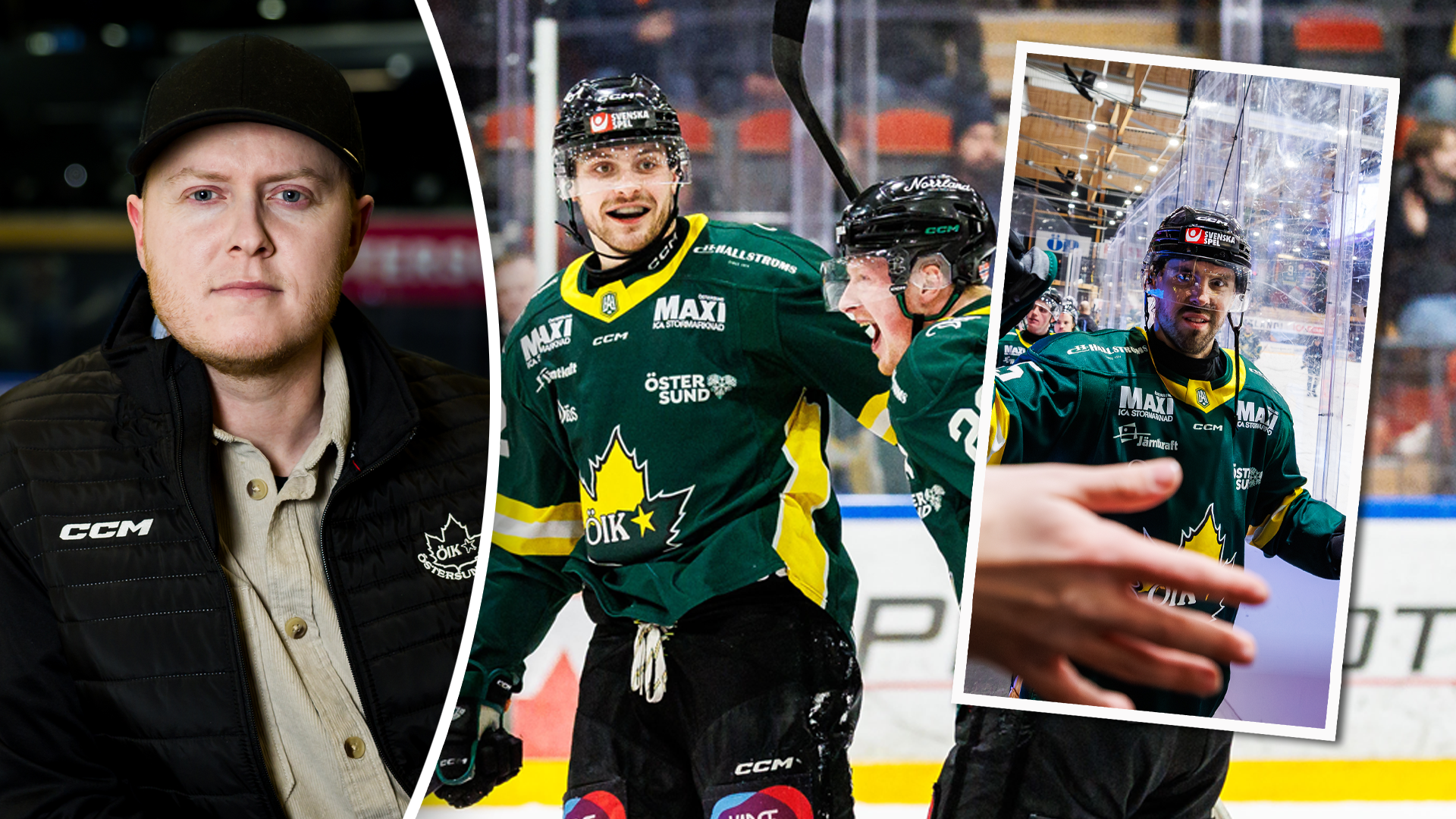 Collage med hockeyspelare i gröna och gula tröjor som spelar på isen, tillsammans med en porträttbild av en man i svart jacka.
